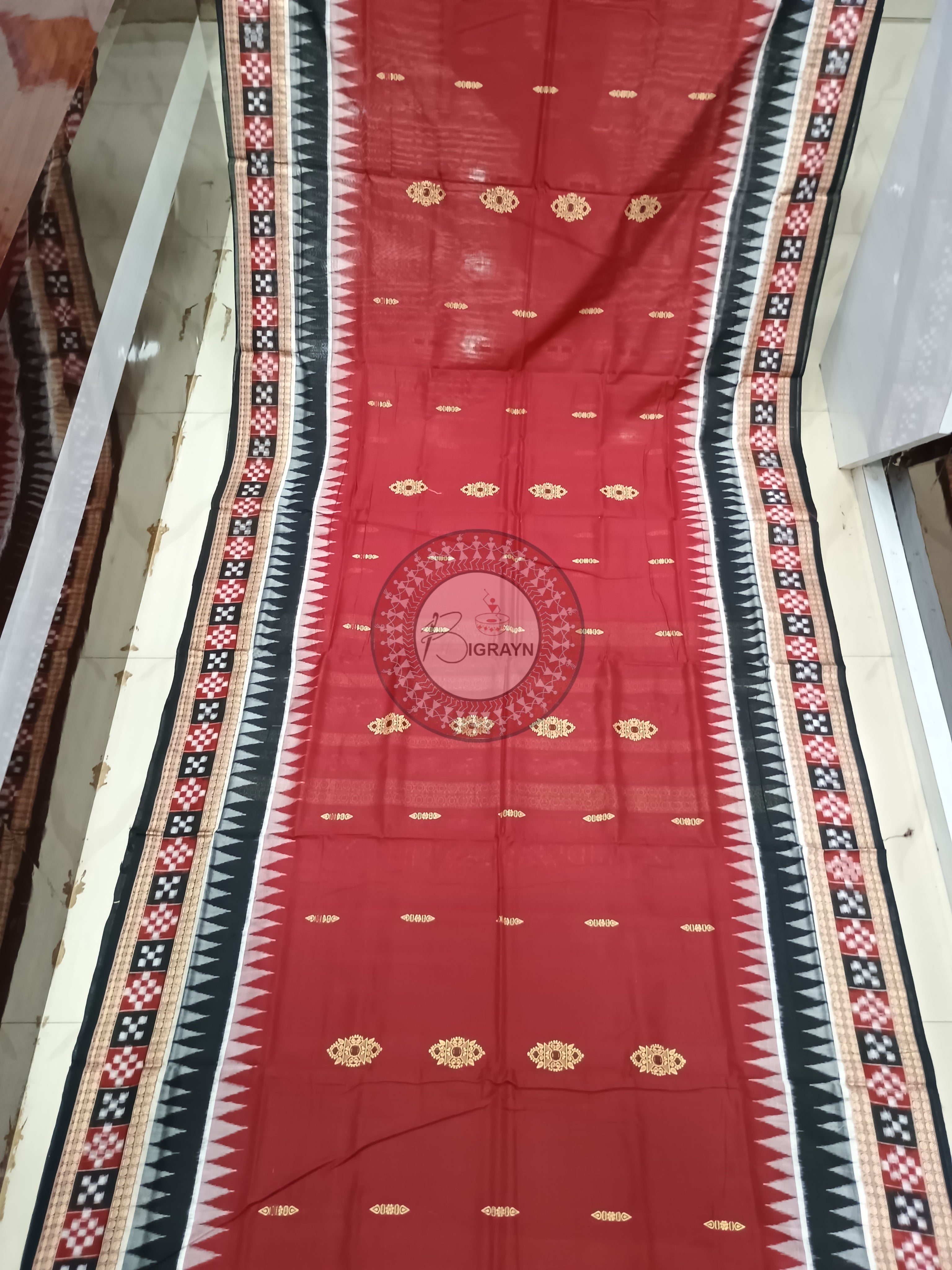 Maroon Multicolor Pasapali Border Handloom Sambalpuri Cotton Saree