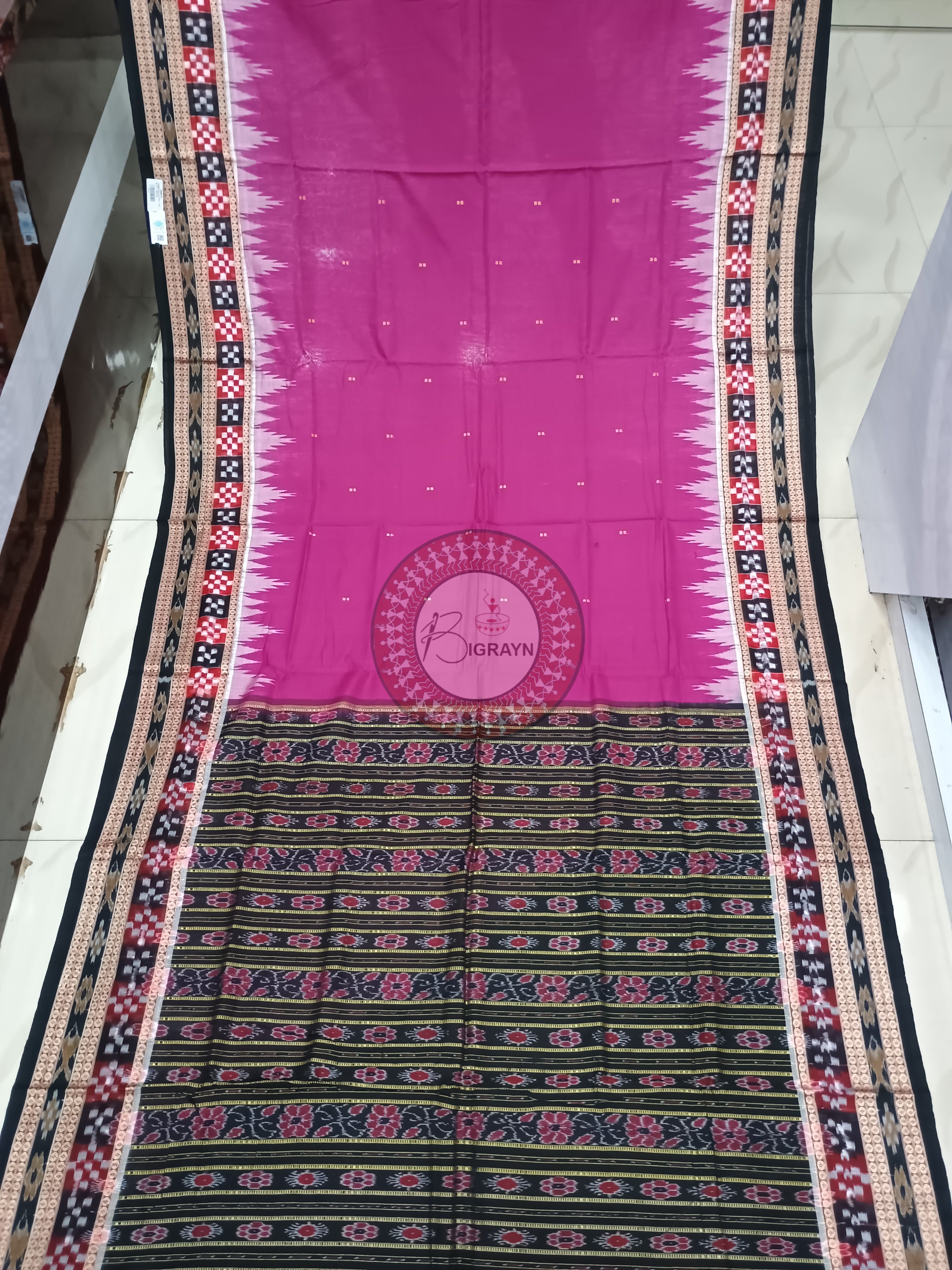 Magenta Black Buti Pasapali Handloom Sambalpuri Cotton Saree
