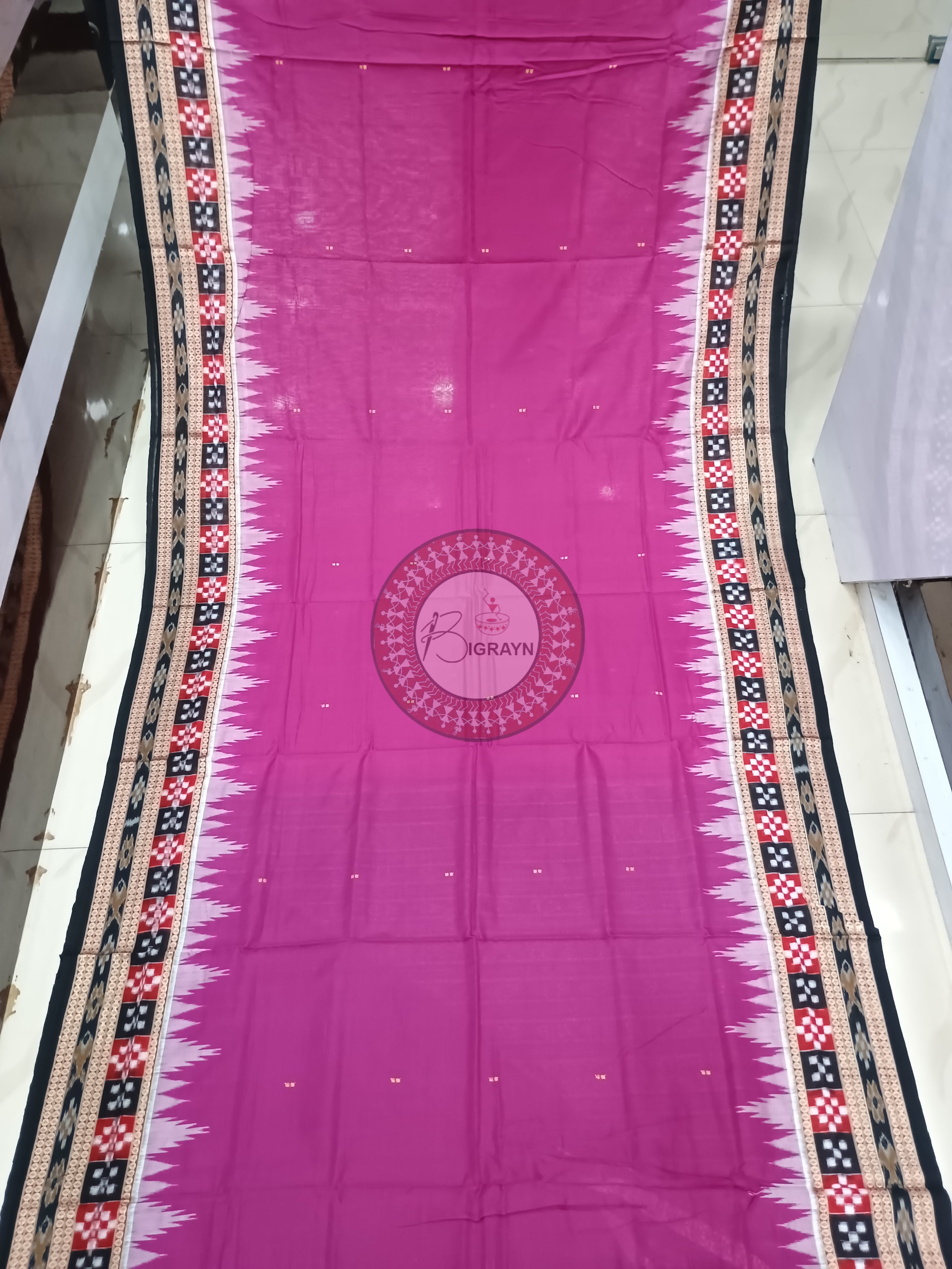 Magenta Black Buti Pasapali Handloom Sambalpuri Cotton Saree