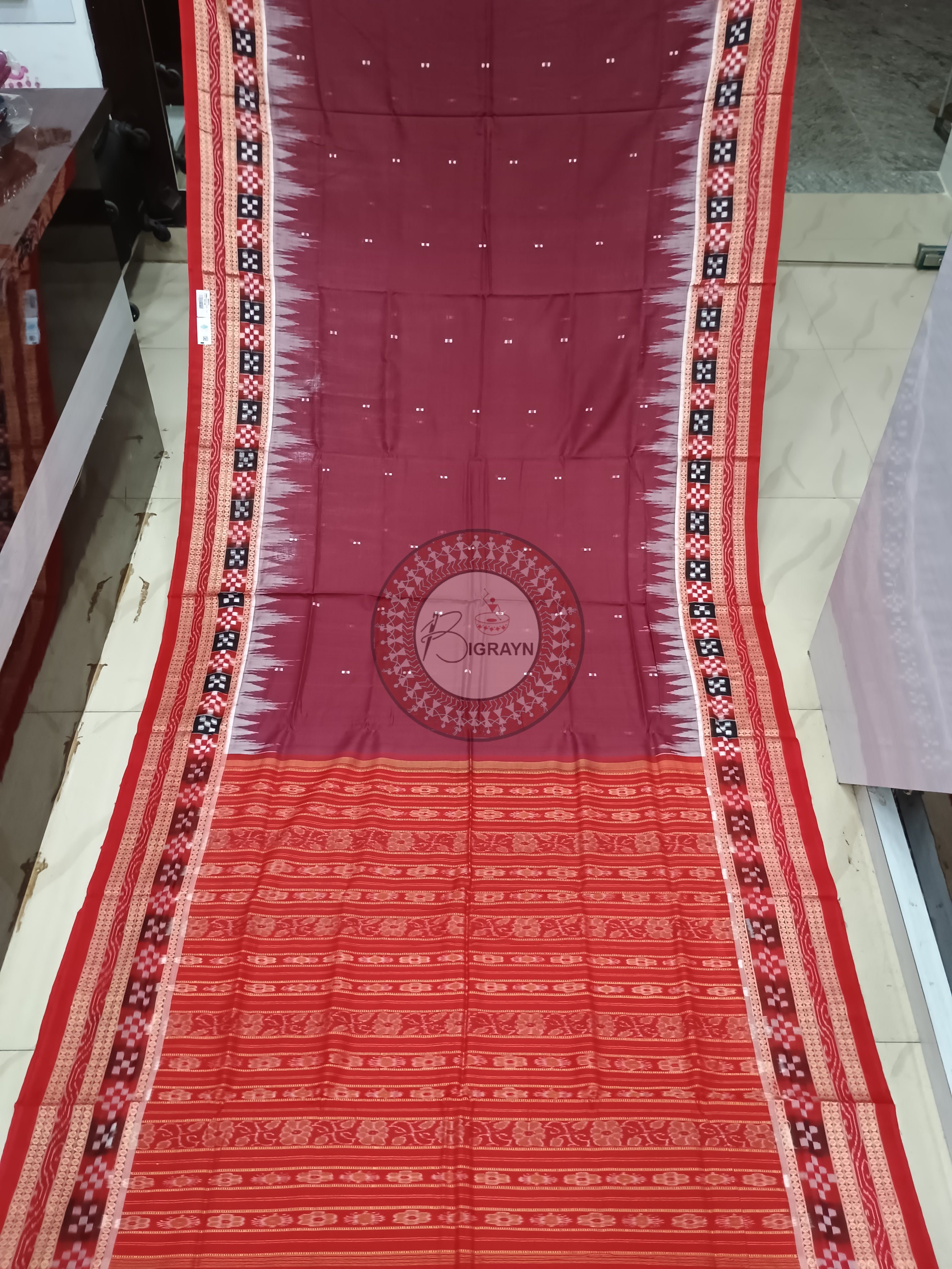 Coffee Maroon Buti Pasapali Handloom Sambalpuri Cotton Saree