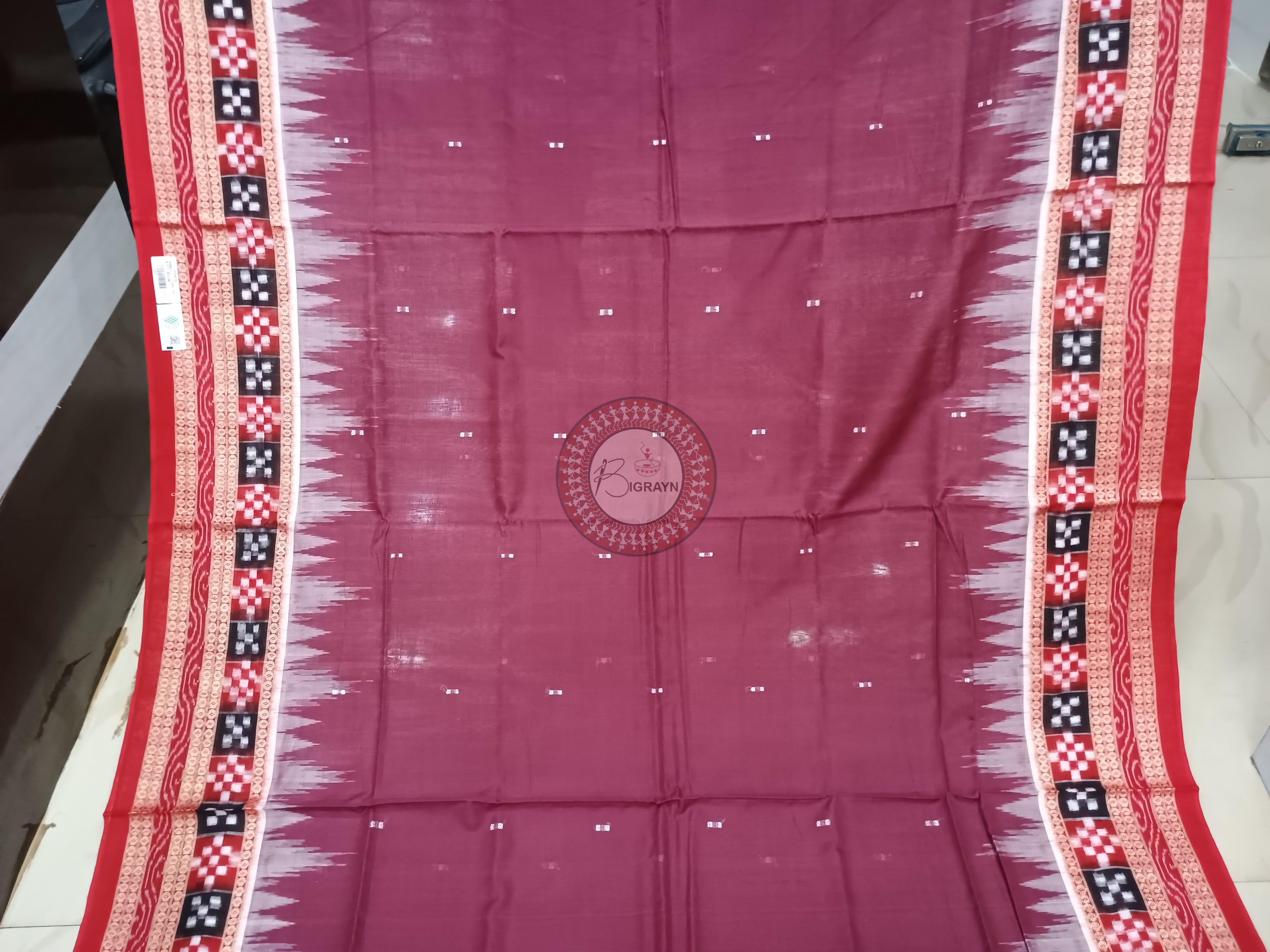 Coffee Maroon Buti Pasapali Handloom Sambalpuri Cotton Saree