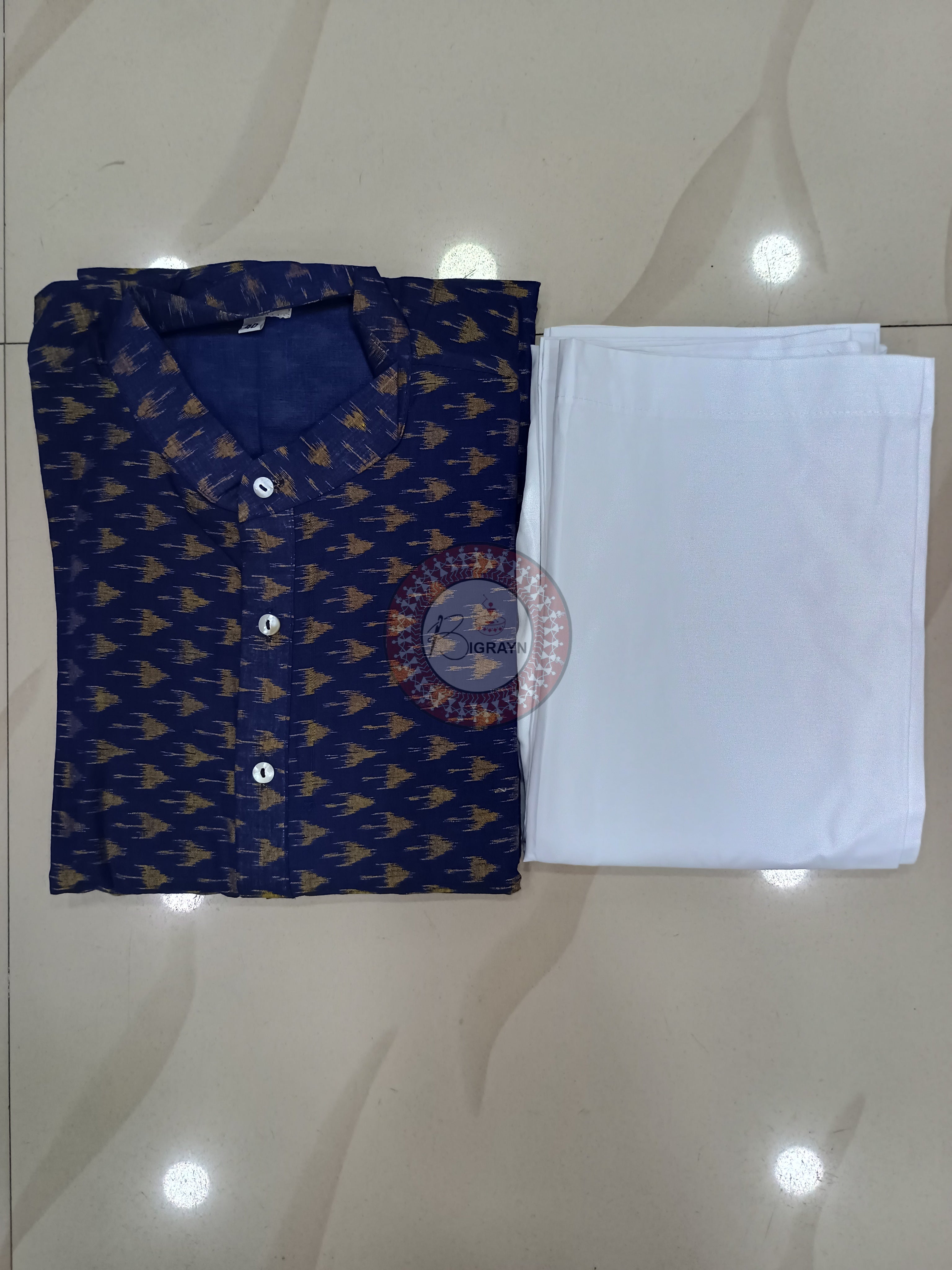 Blue Mashroon Design Men's Pure Cotton Handloom Kurta Set – Odisha Weave