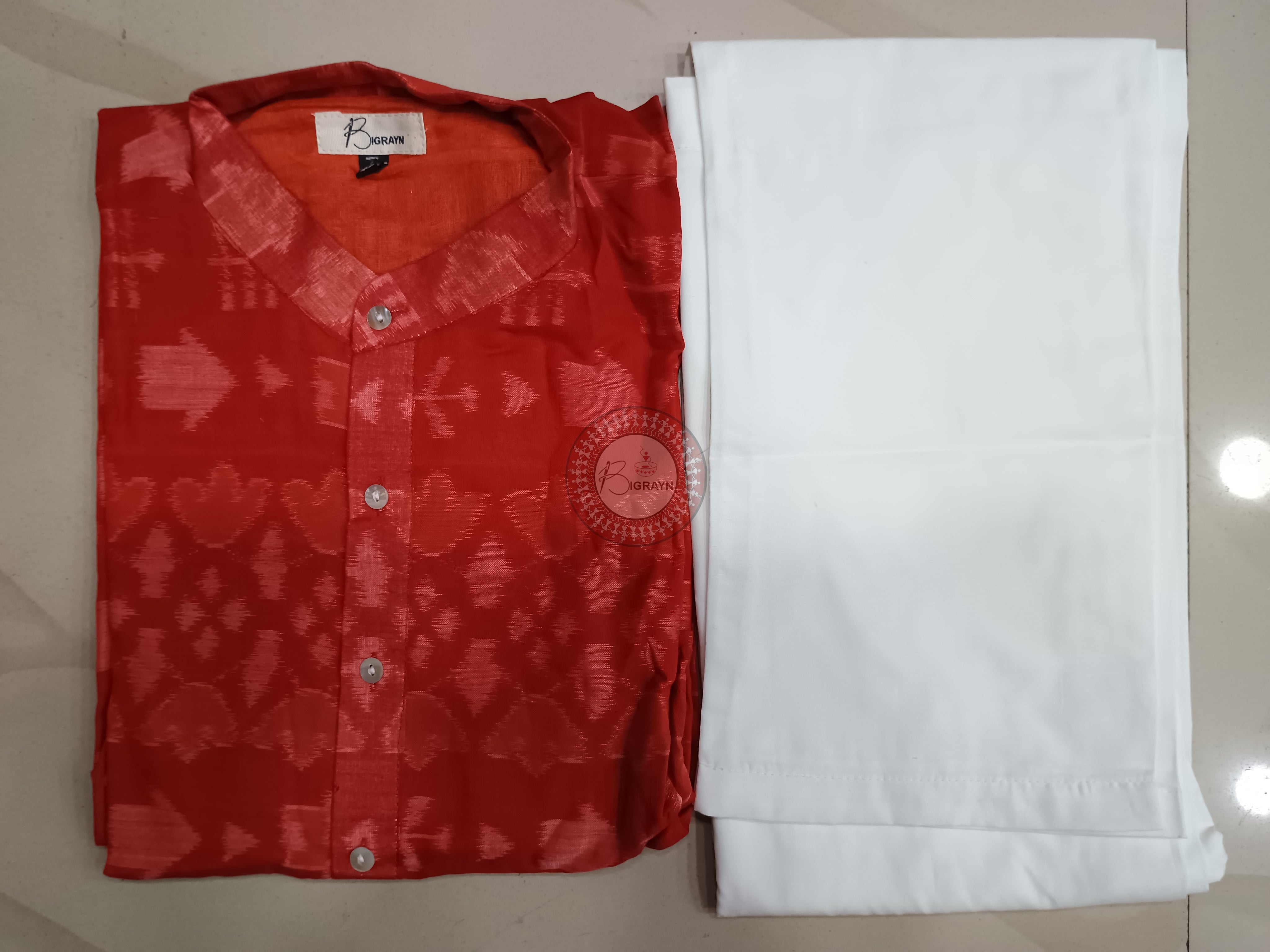 Rust Lotus And House Ikat Men's Pure Cotton Handloom Kurta Set – Odisha Weave