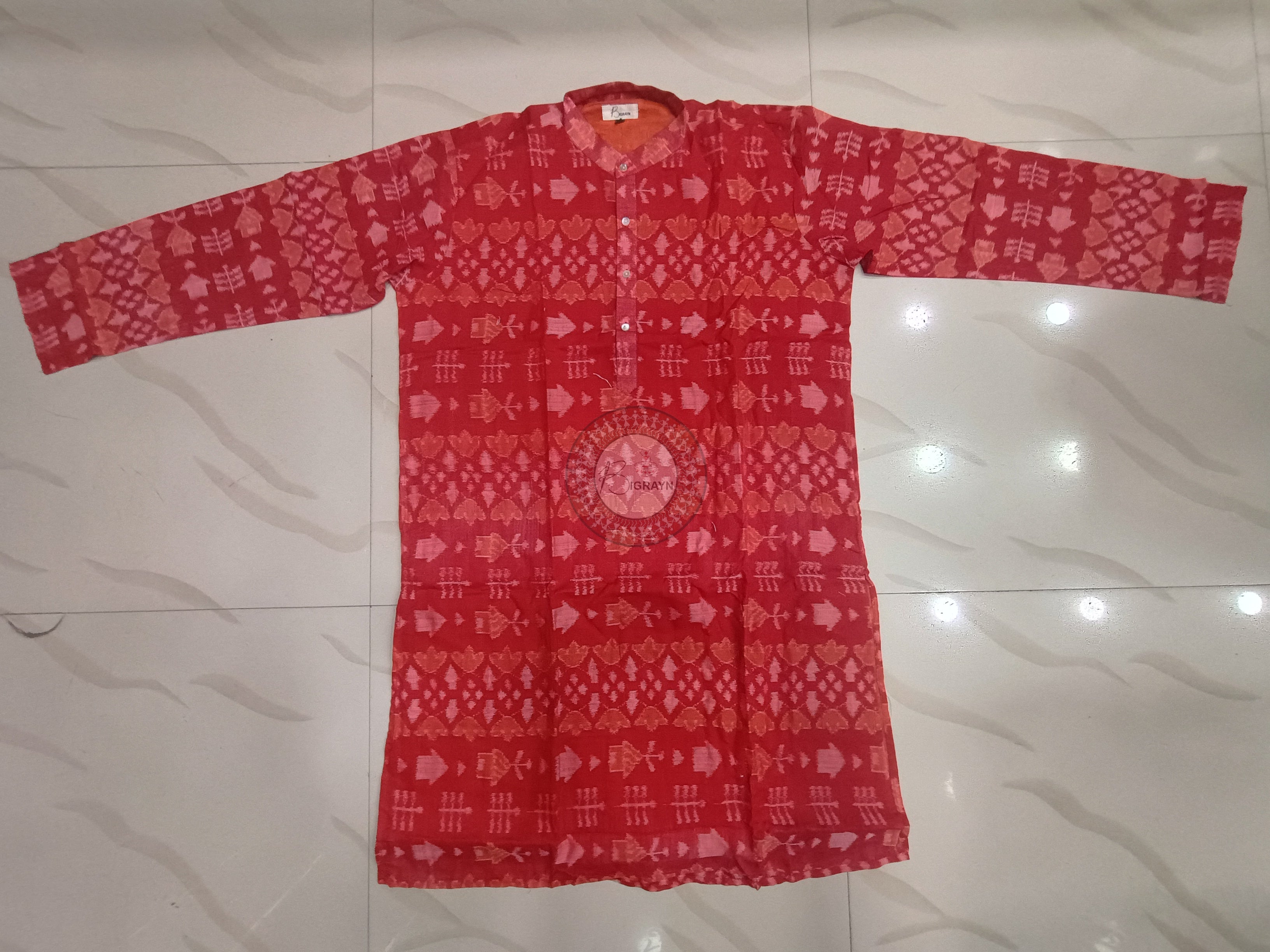 Rust Lotus And House Ikat Men's Pure Cotton Handloom Kurta Set – Odisha Weave
