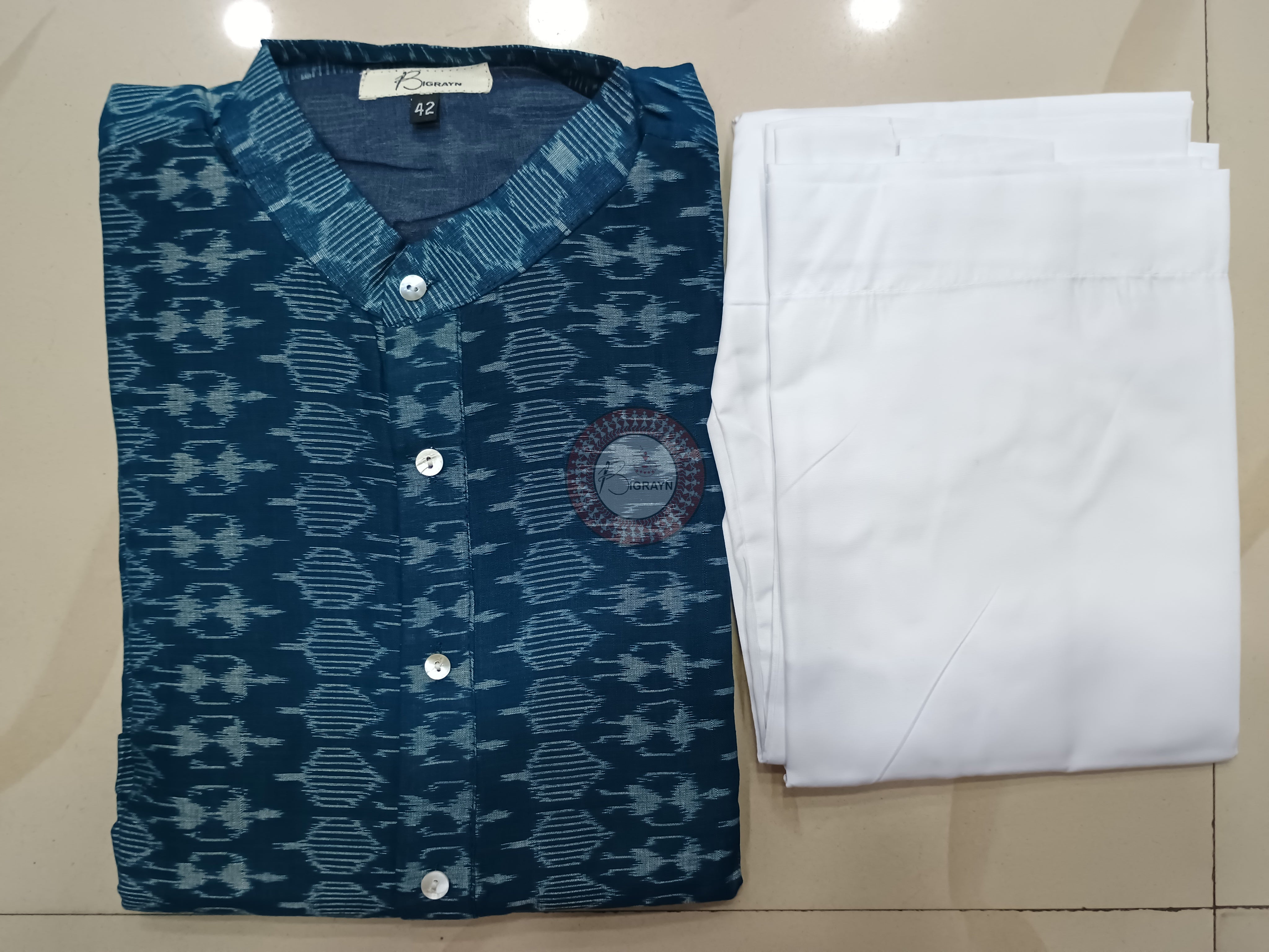 Teal Blue Tribal Ikat Men's Pure Cotton Handloom Kurta Set – Odisha Weave