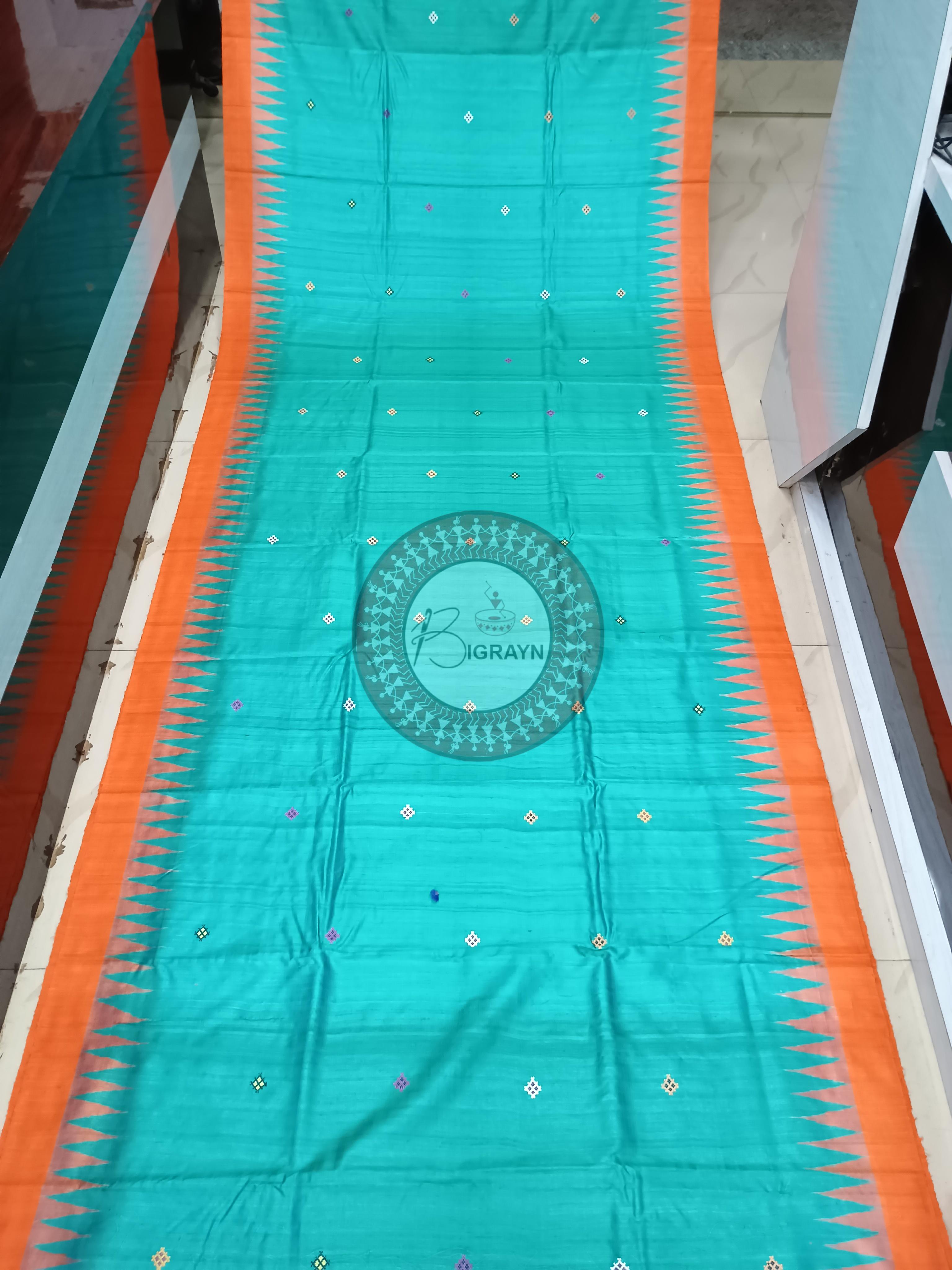Oceanic light Blue Orange Dolabedi Gopalpur Tussar Silk Saree