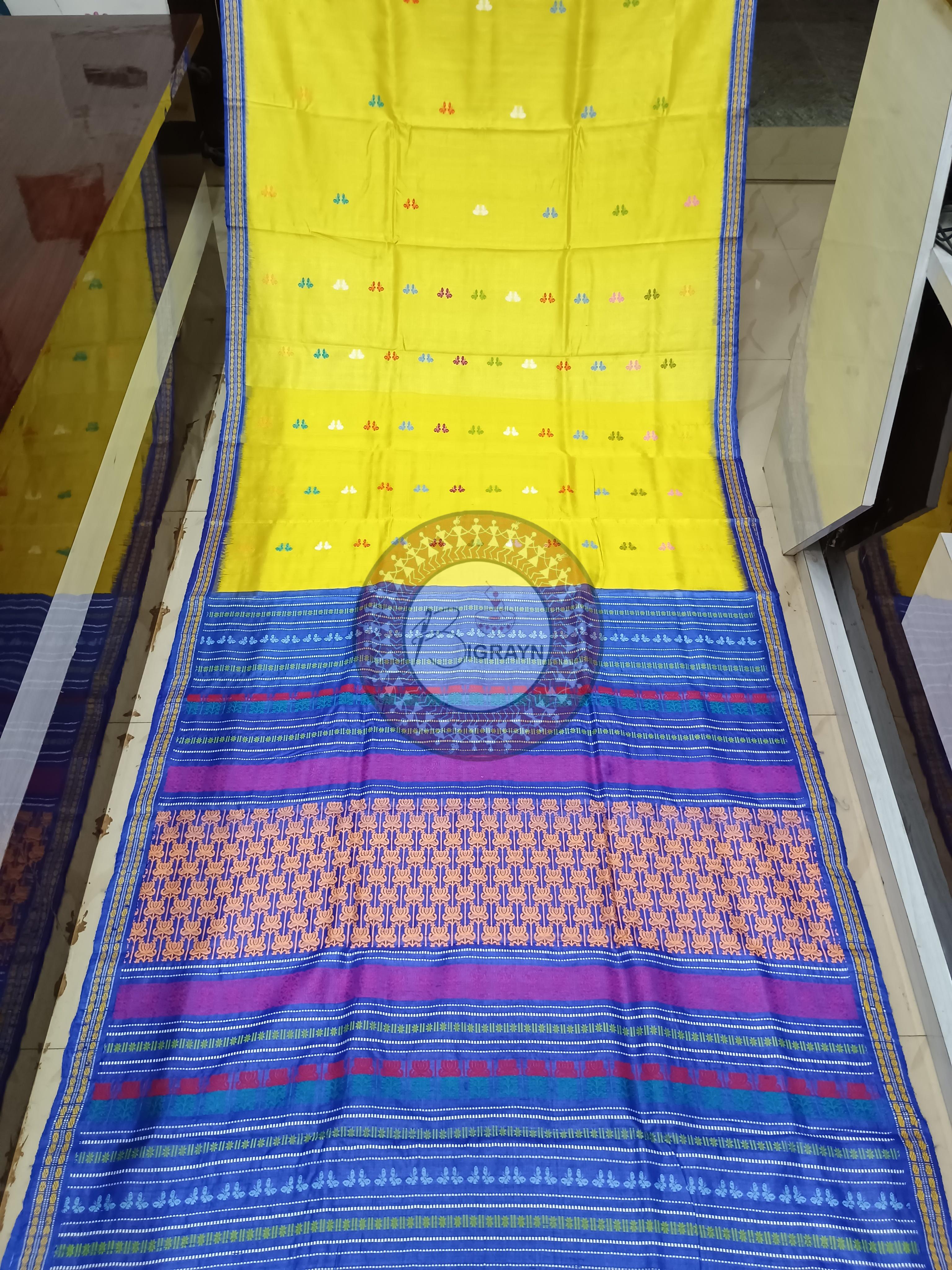 Lemon Yellow Blue Jalla Work Gopalpur Tussar Silk Saree
