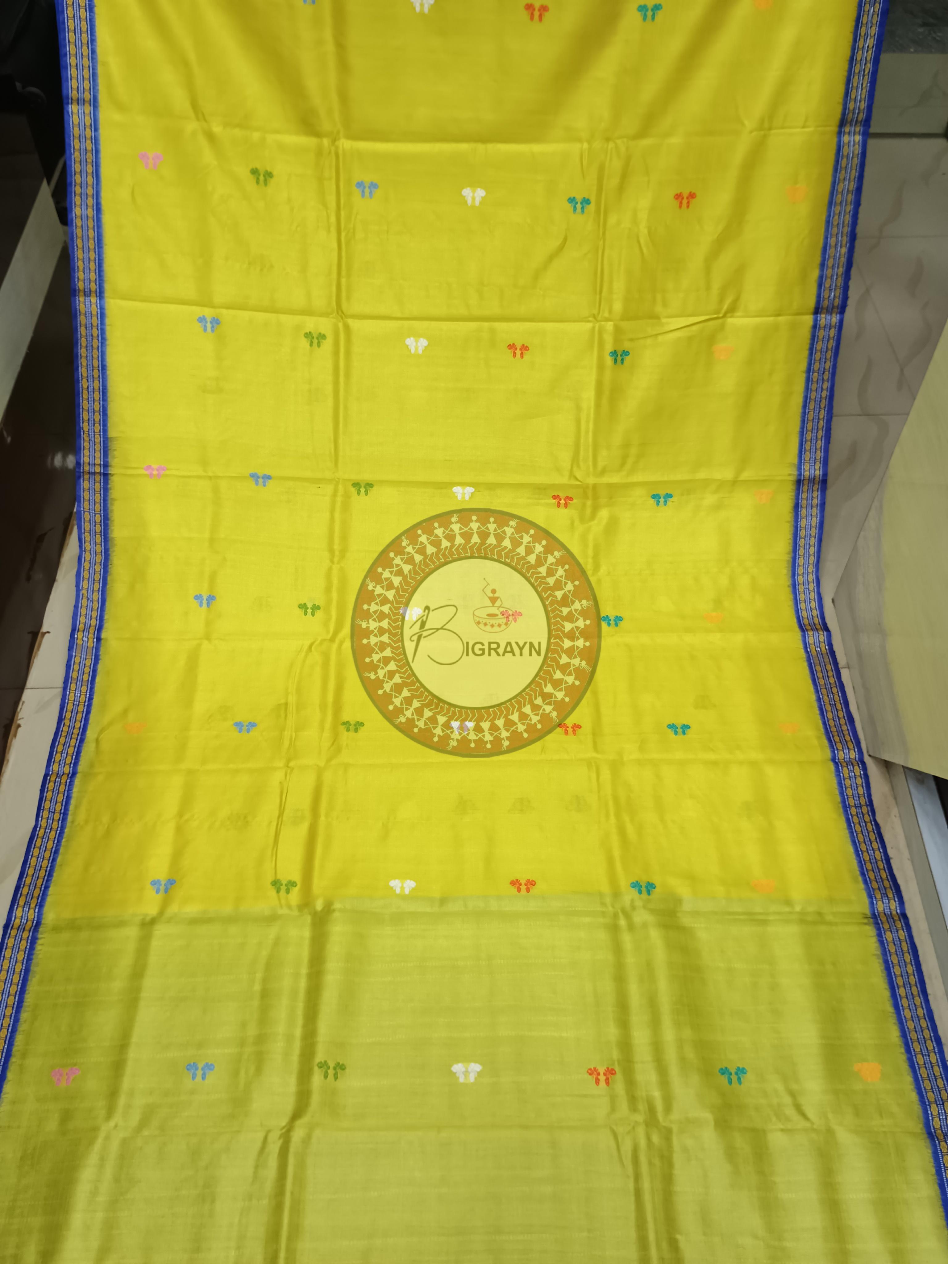 Lemon Yellow Blue Jalla Work Gopalpur Tussar Silk Saree