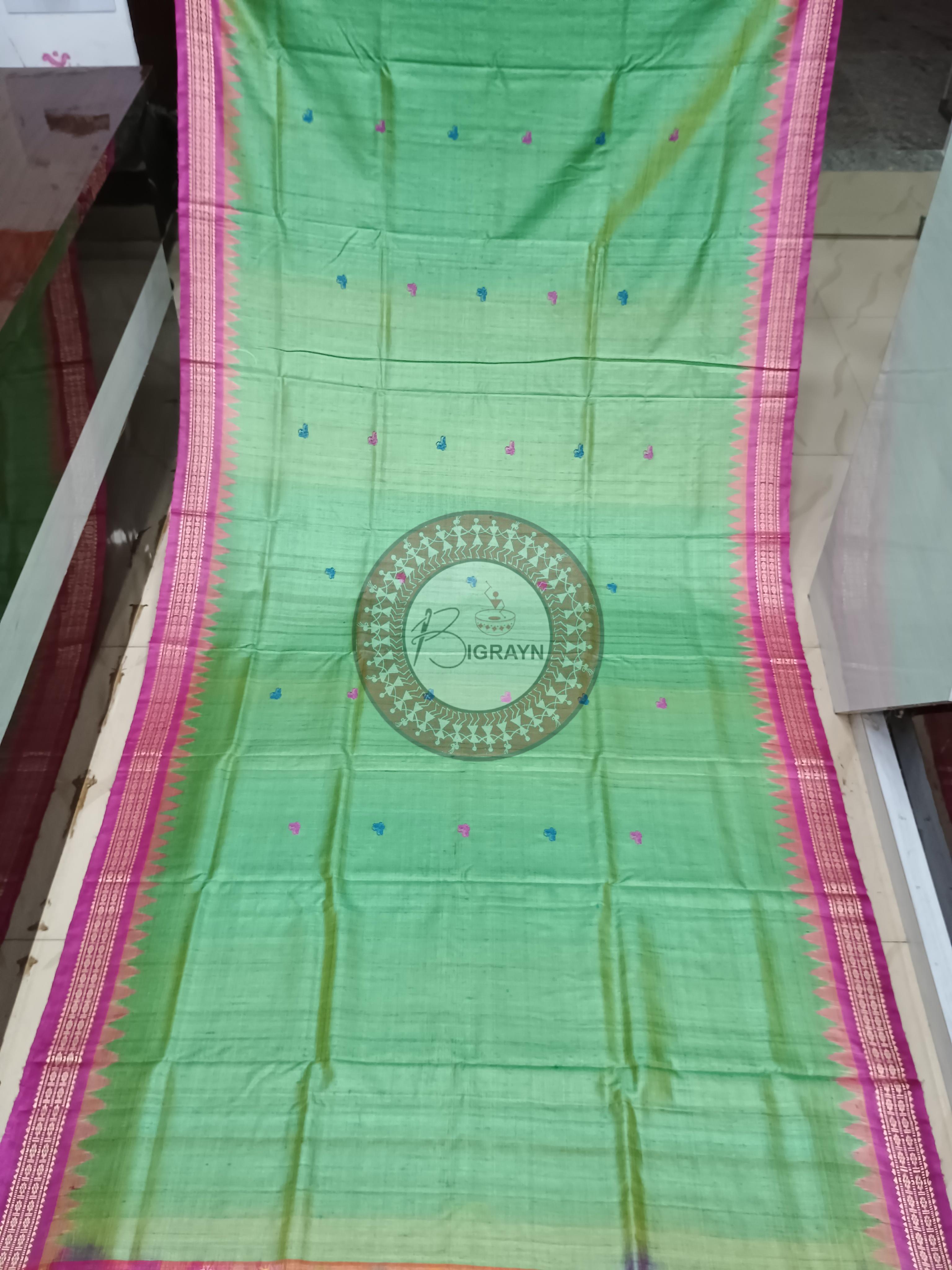 Light Green Magenta Jalla Work Dolabedi Gopalpur Tussar Silk Saree