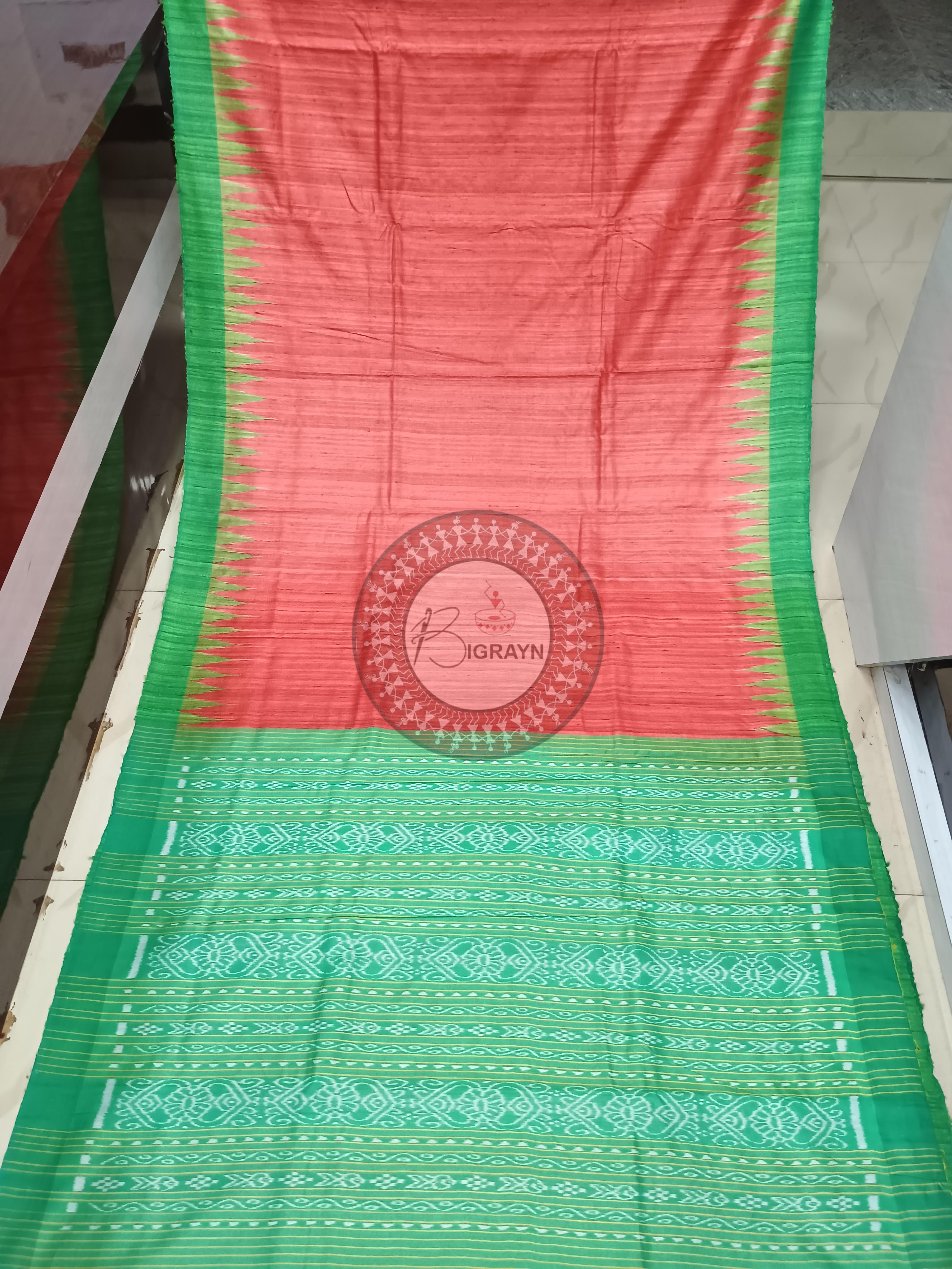 Red Green Ghichha Gopalpur Tussar Silk Saree