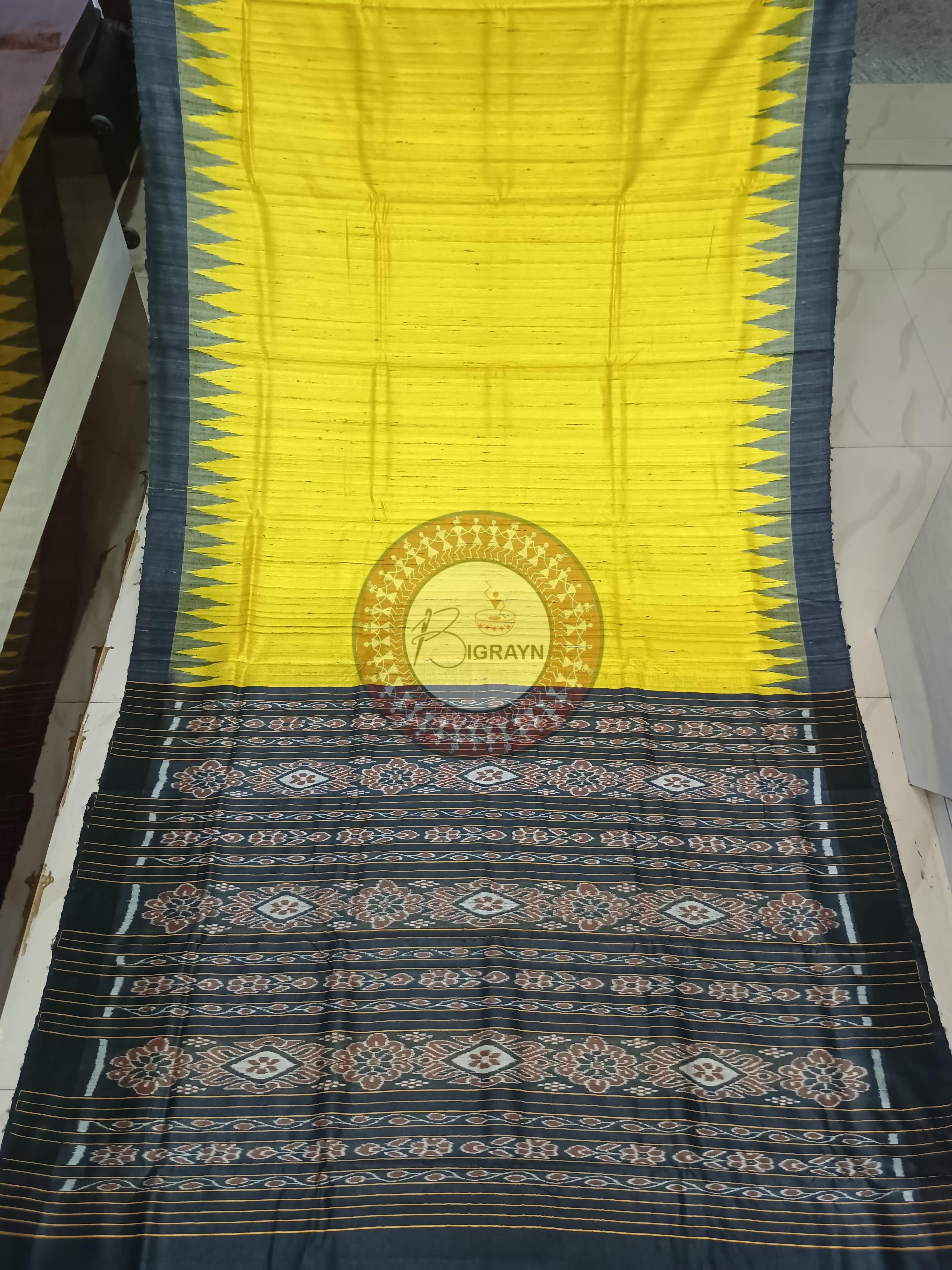 Yellow Black Ghichha Gopalpur Tussar Silk Saree