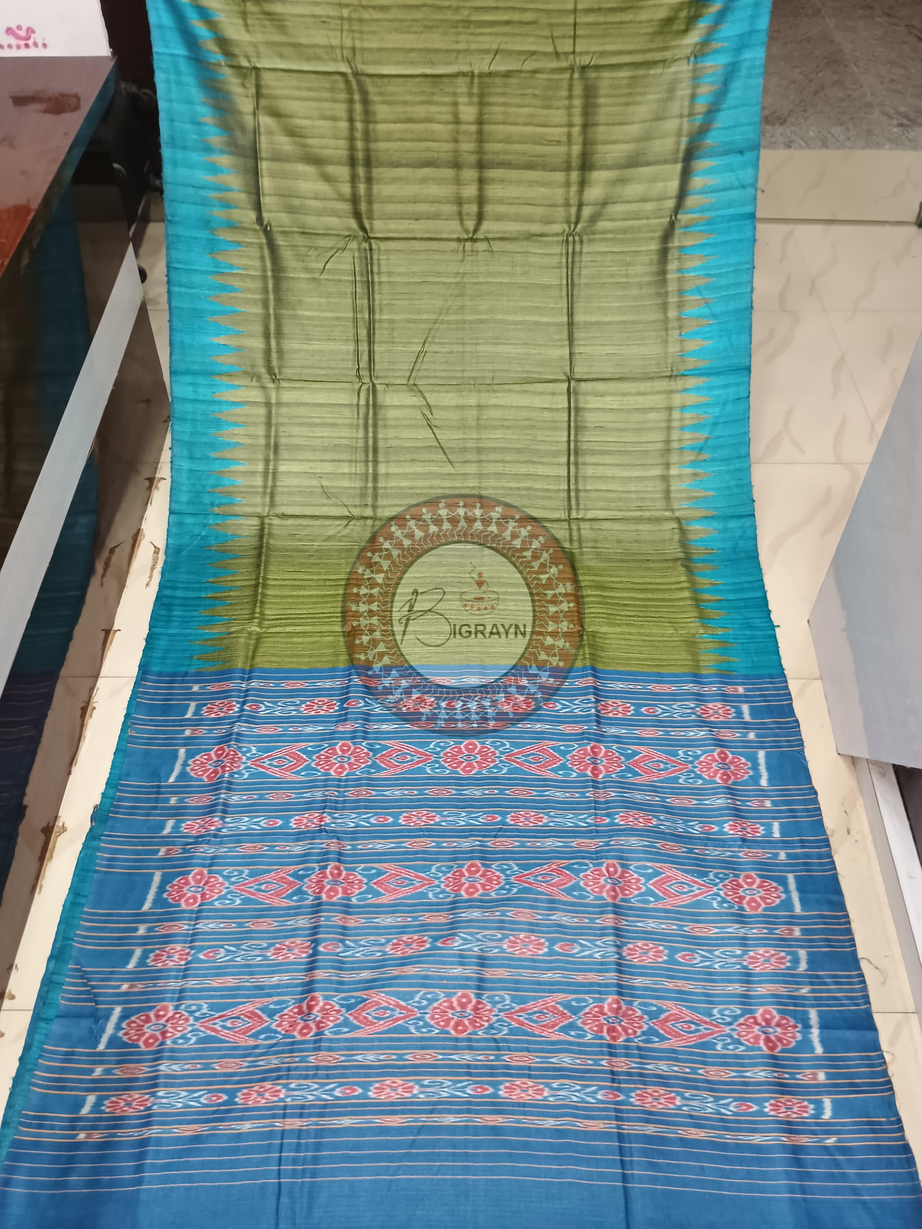 Mehendi Green Copper Sulphate Ghichha Gopalpur Tussar Silk Saree