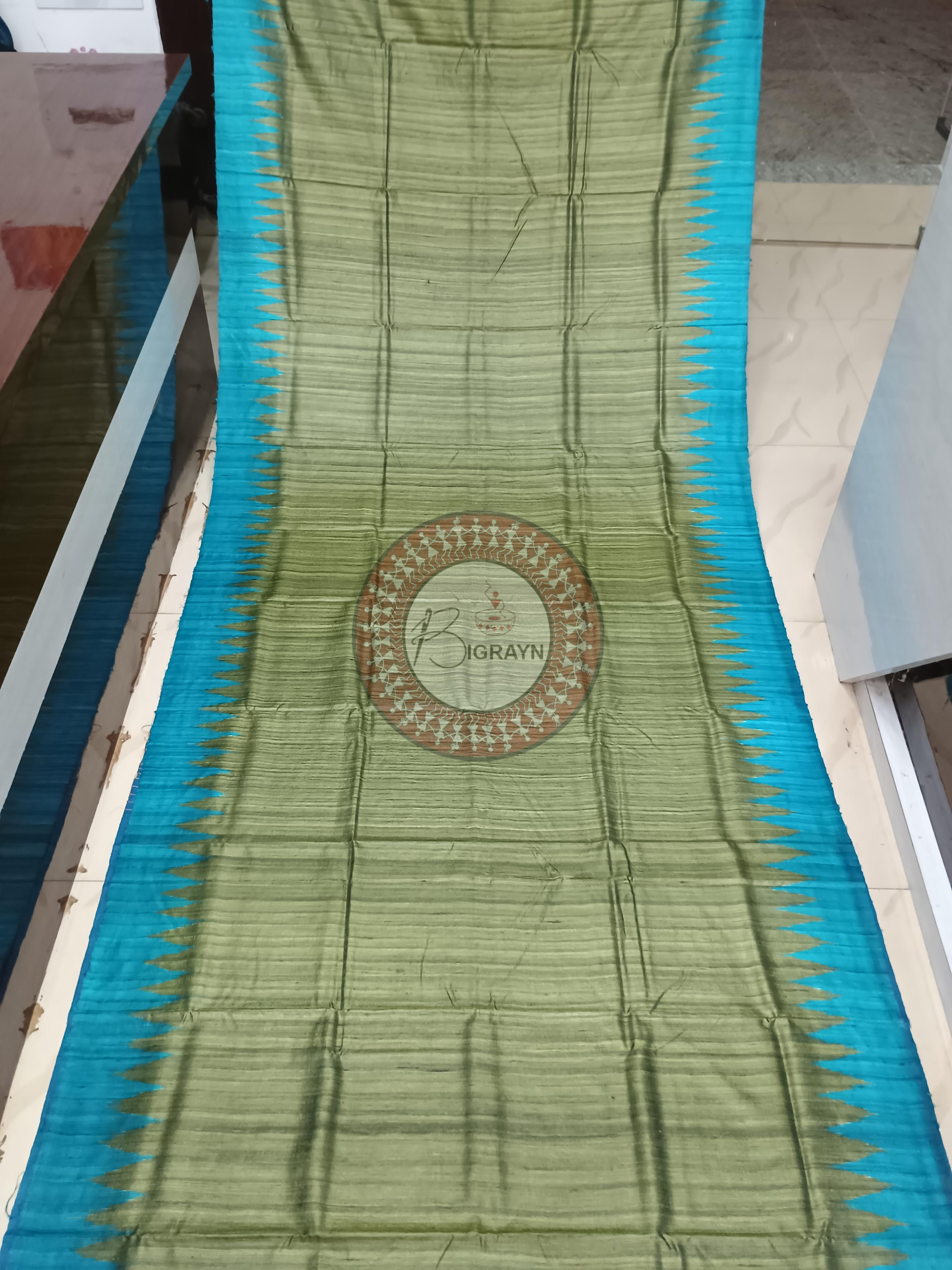 Mehendi Green Copper Sulphate Ghichha Gopalpur Tussar Silk Saree