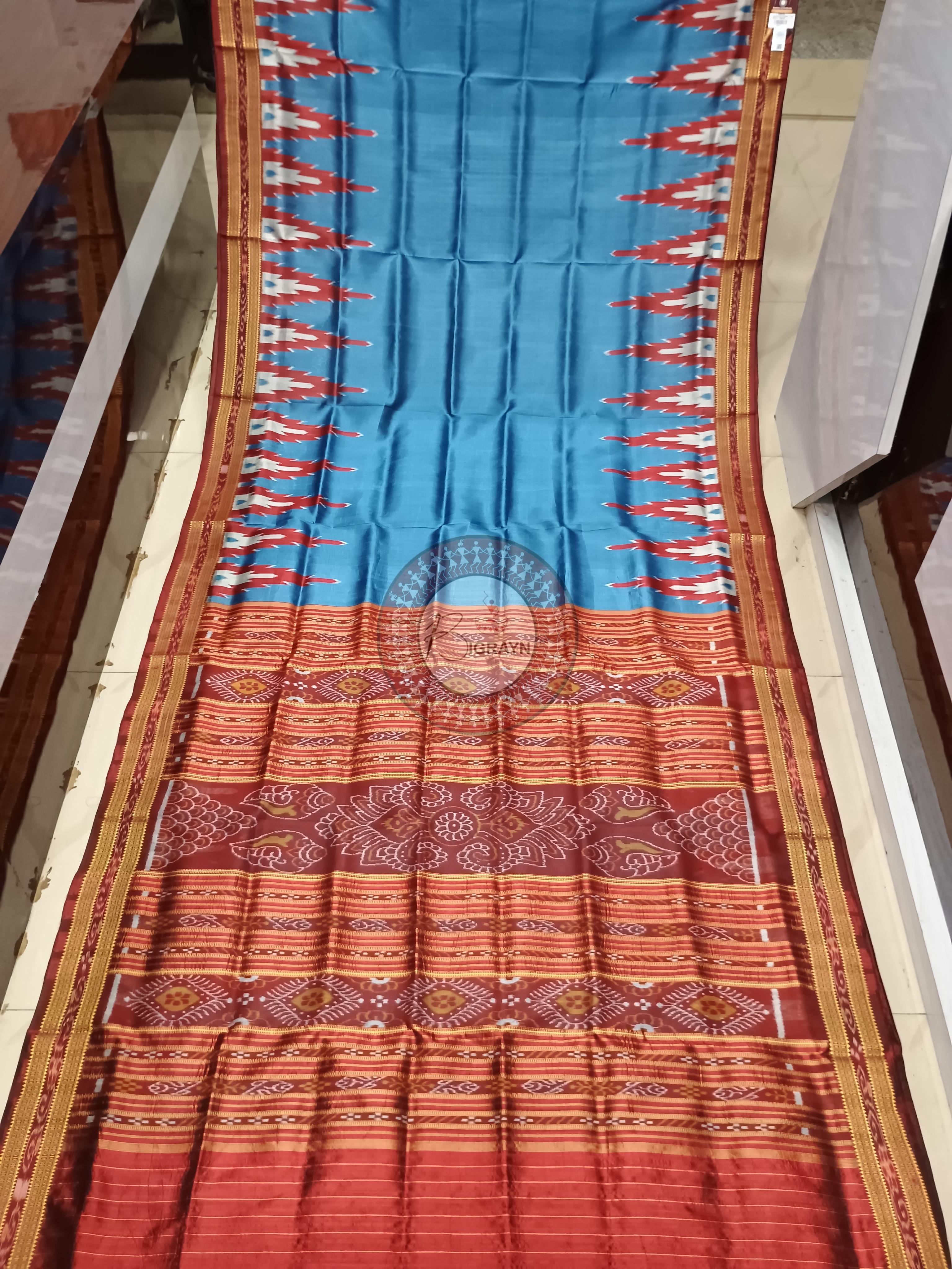 Light Blue Maroon Kumbha Khandua Silk Saree