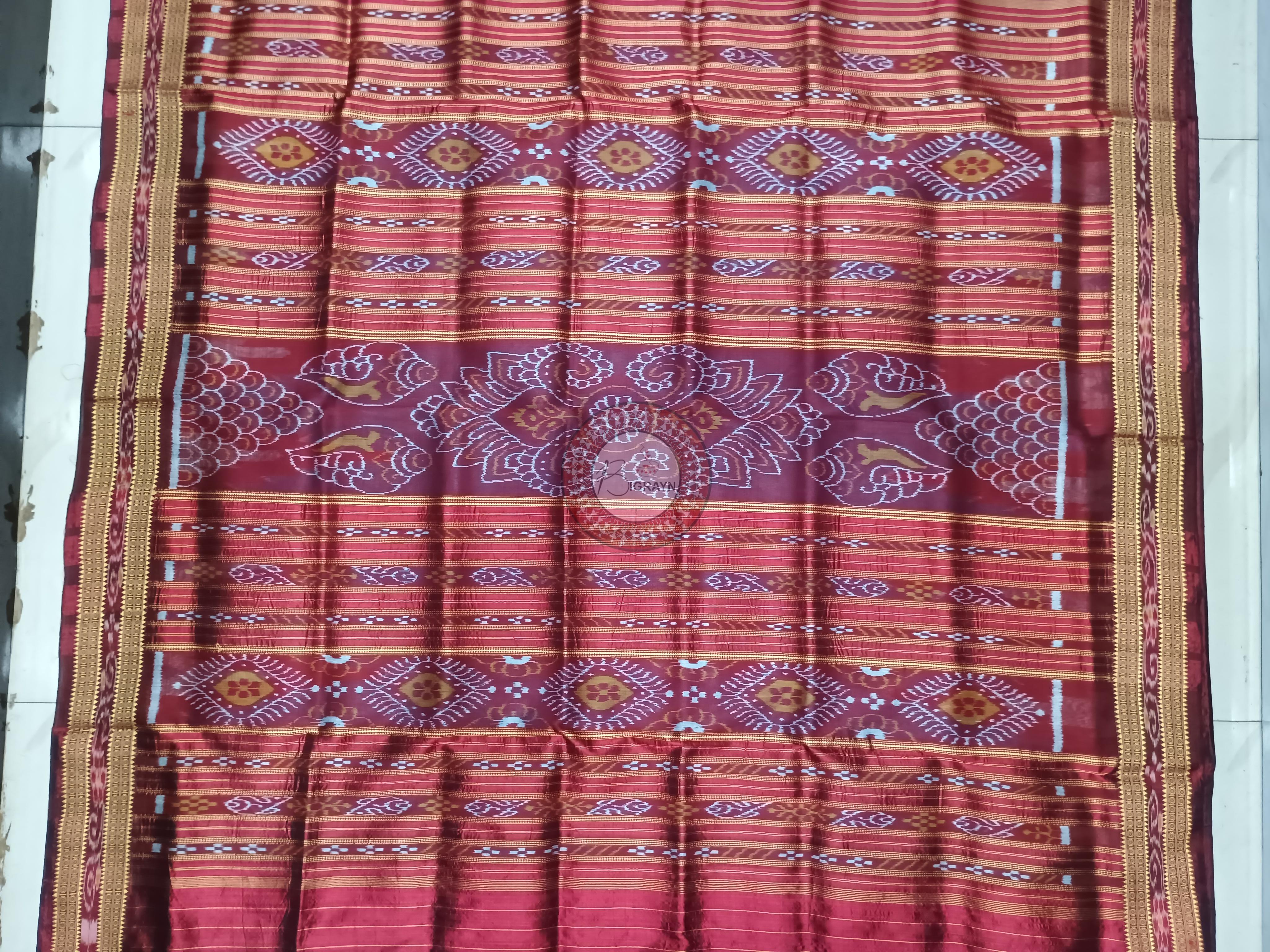 Light Blue Maroon Kumbha Khandua Silk Saree