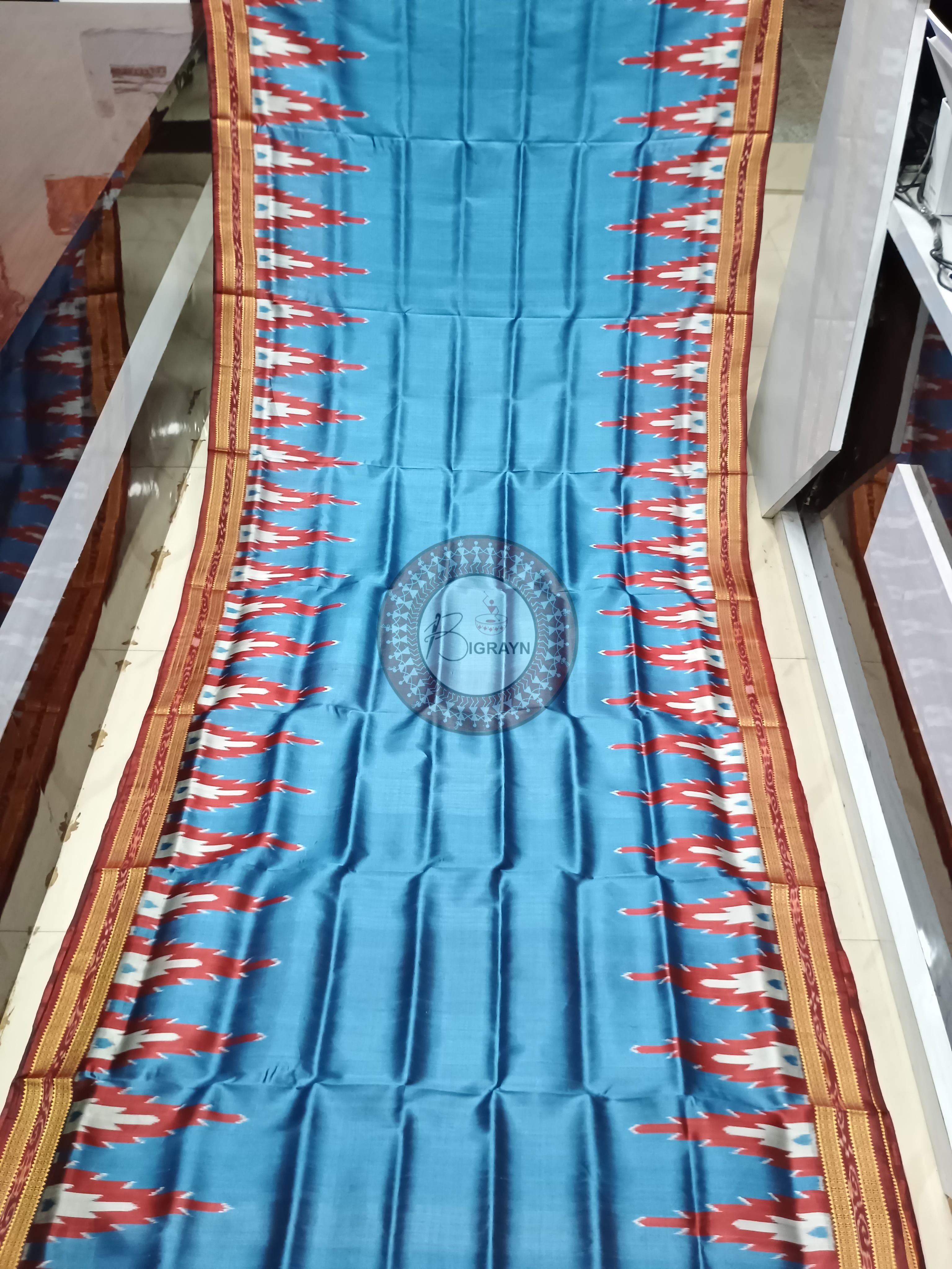 Light Blue Maroon Kumbha Khandua Silk Saree