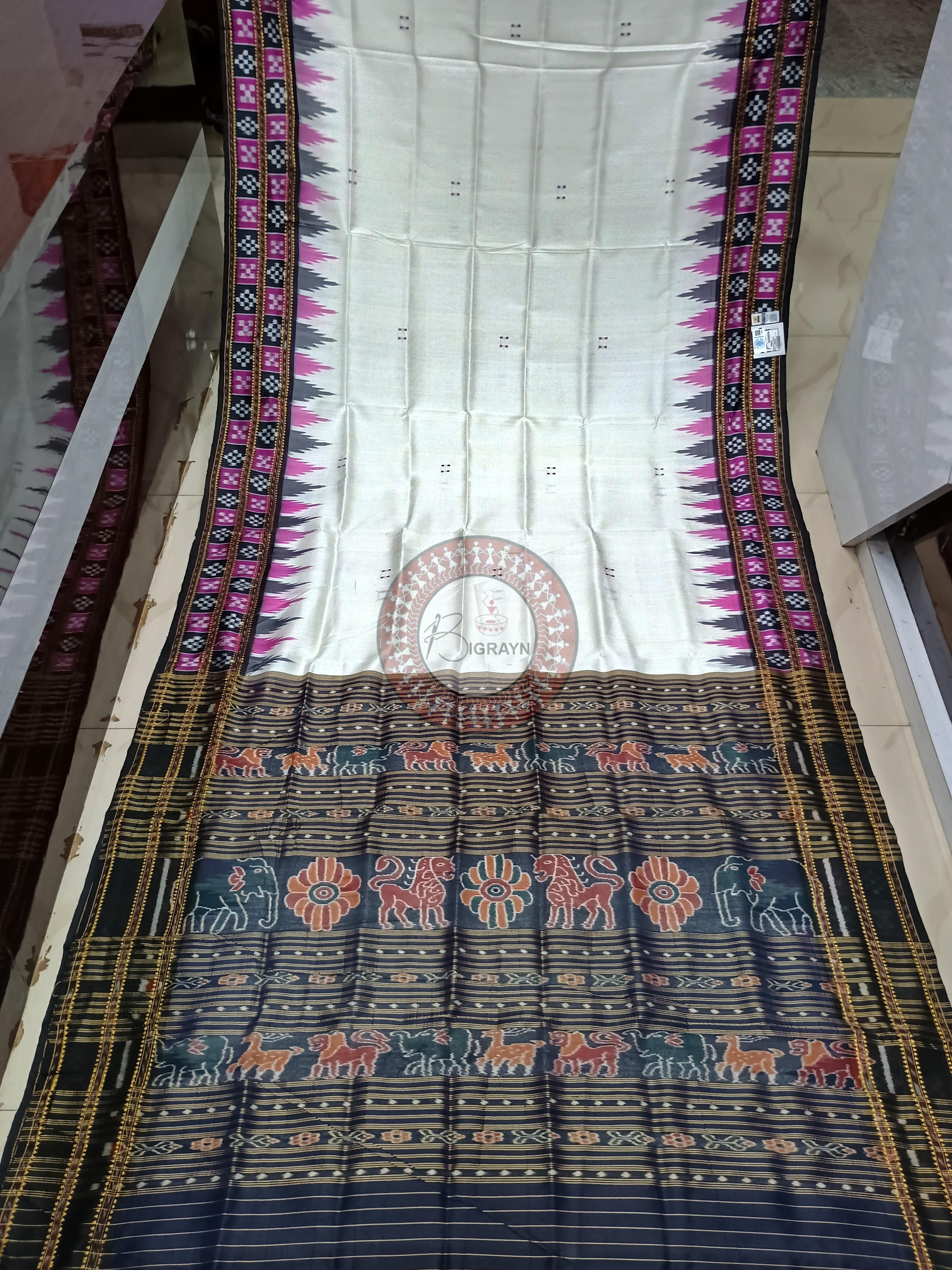 White Purple Double Pasapali Border Khandua Silk Saree