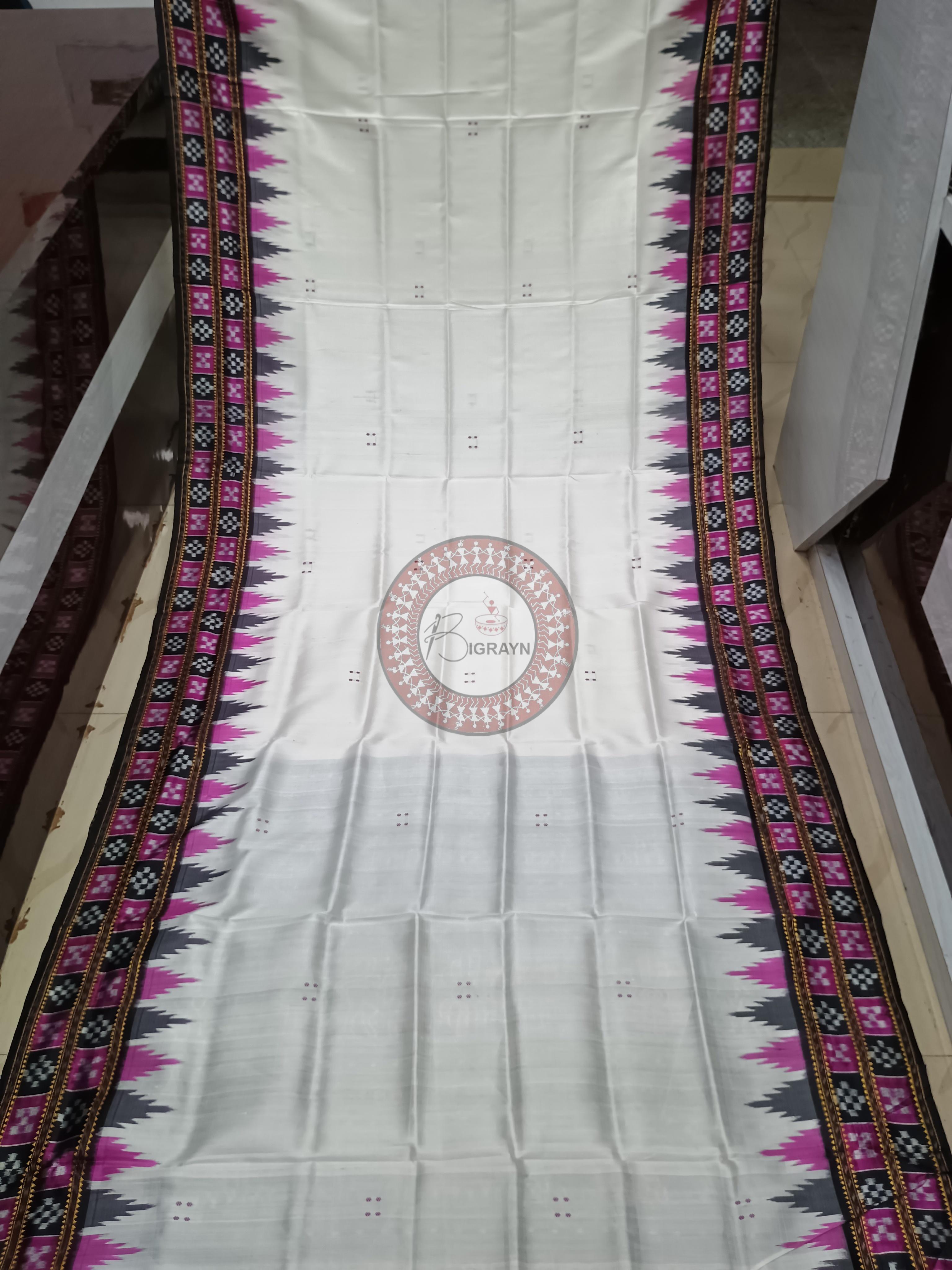 White Purple Double Pasapali Border Khandua Silk Saree