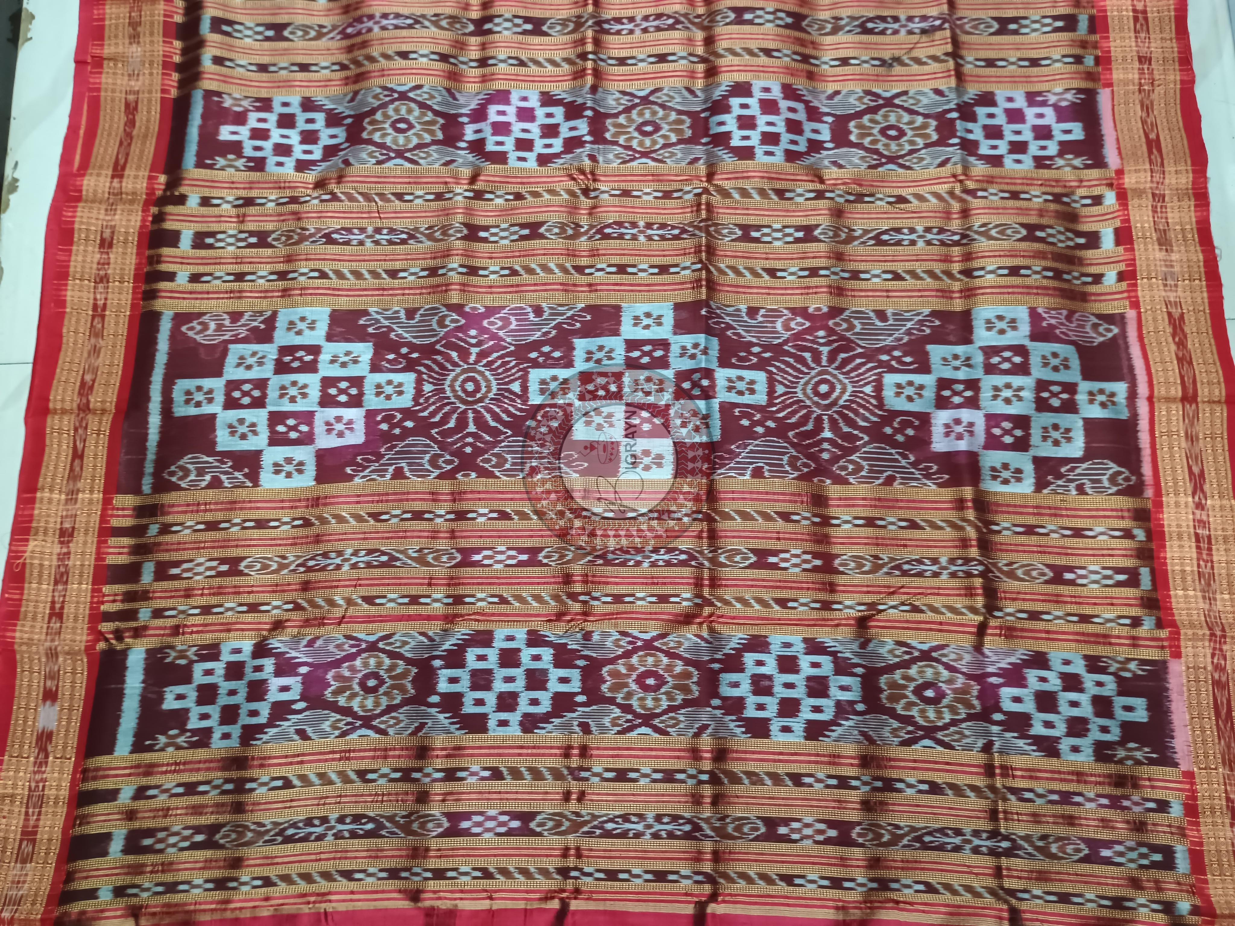 Black Red Lotus Design Khandua Silk Saree