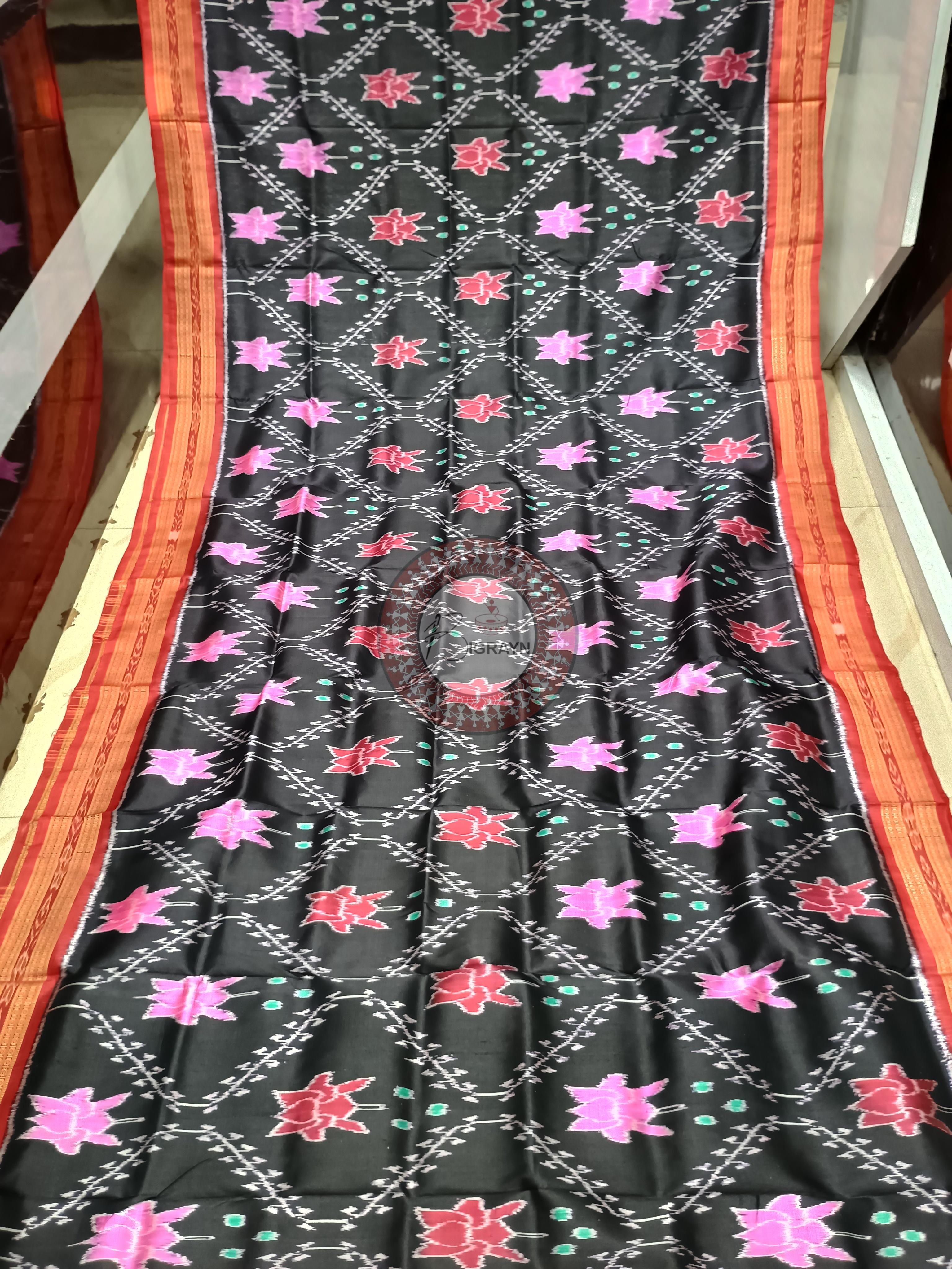 Black Red Lotus Design Khandua Silk Saree
