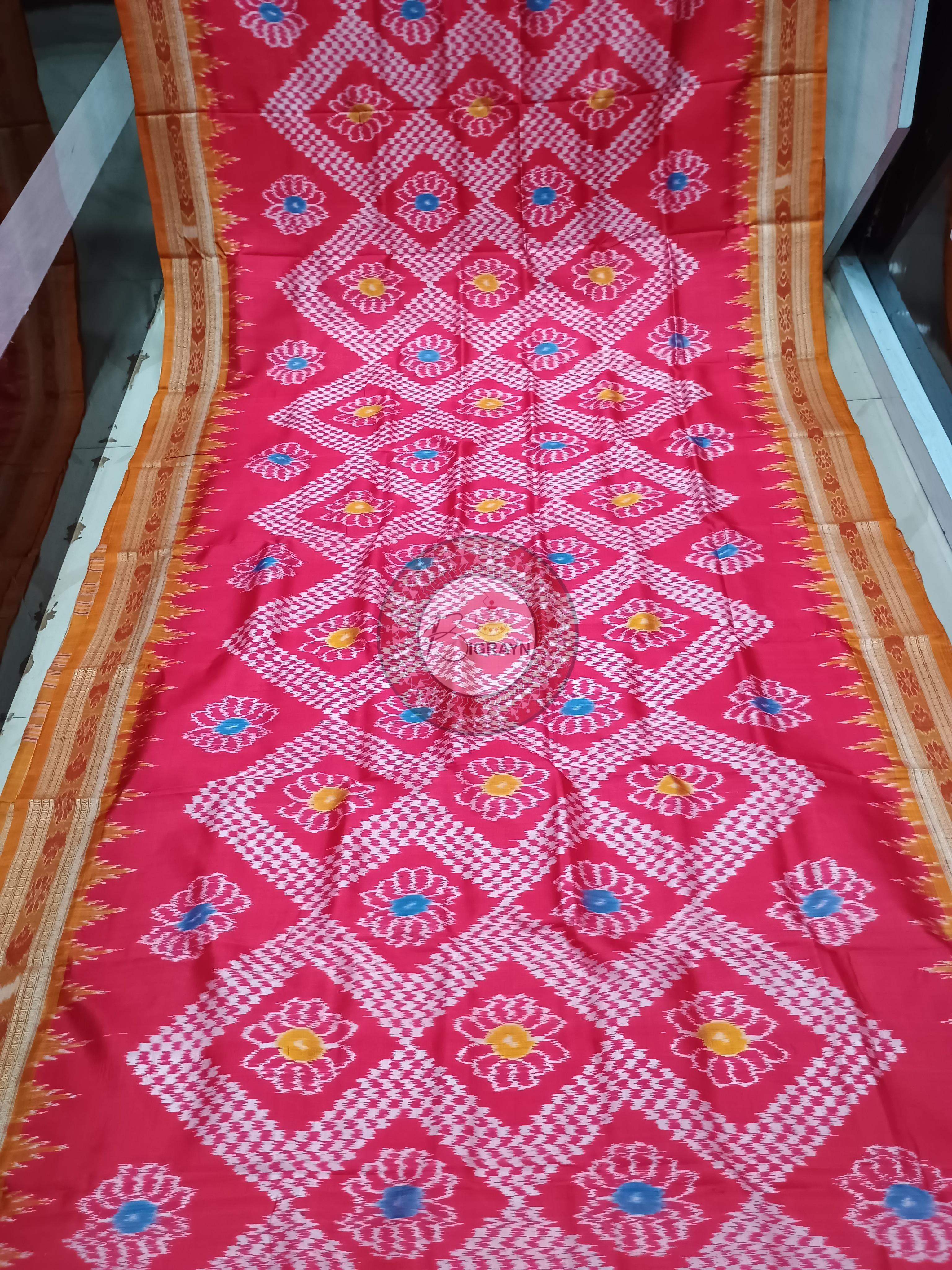 Magenta Rust Flower Design Khandua Silk Saree
