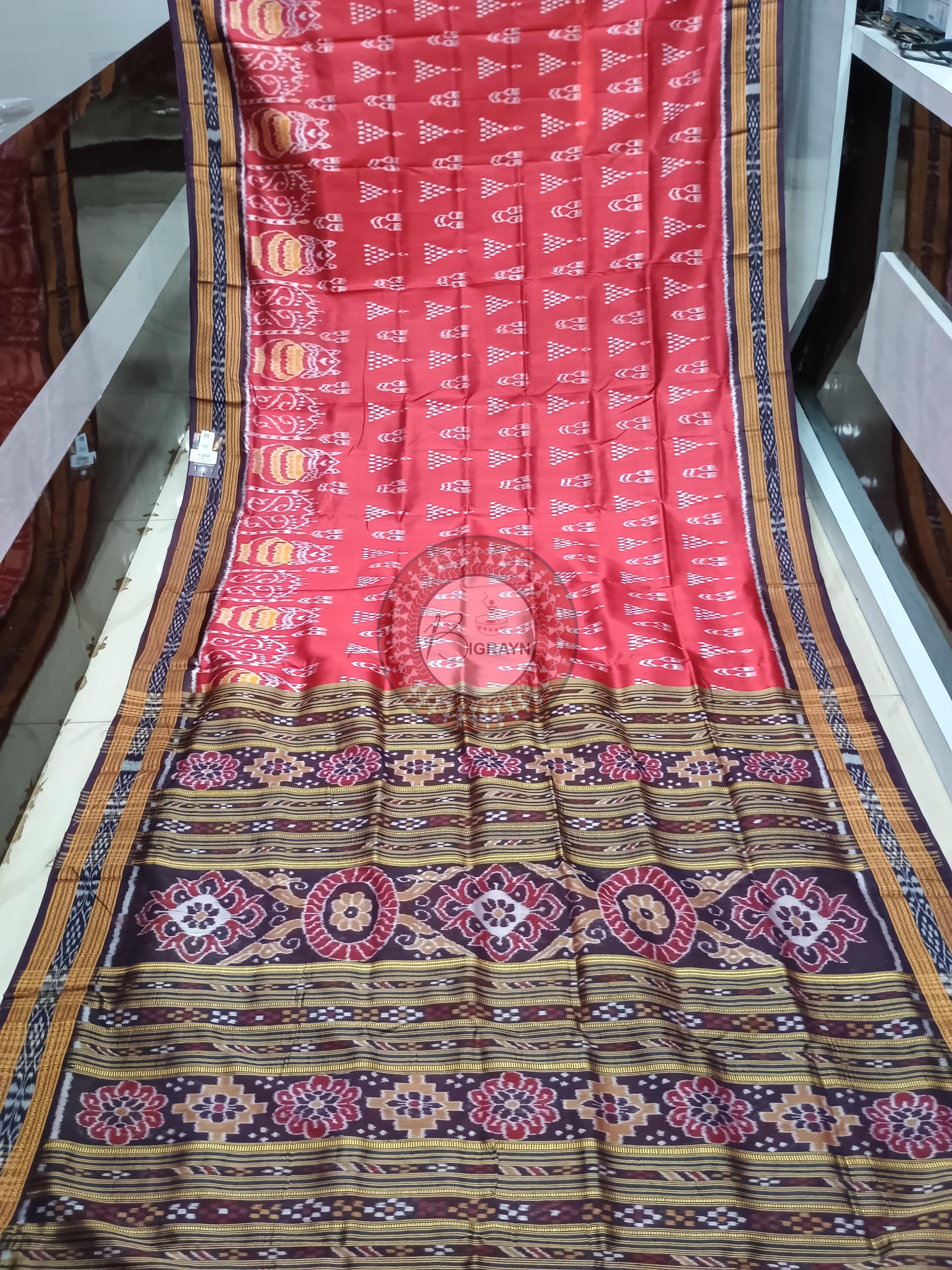 Maroon Coffee Laxmi Pada Chita Design Khandua Silk Saree