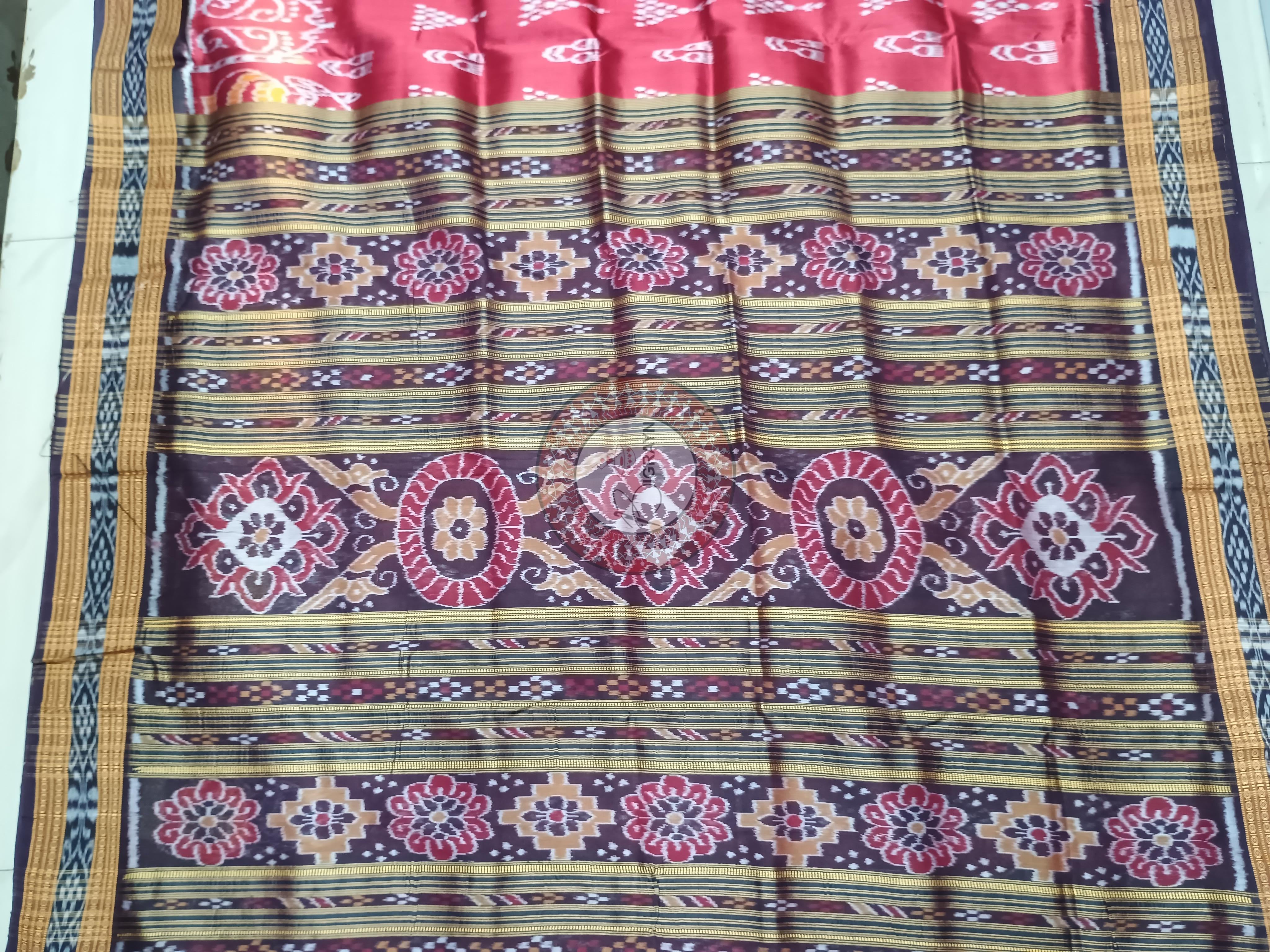 Maroon Coffee Laxmi Pada Chita Design Khandua Silk Saree
