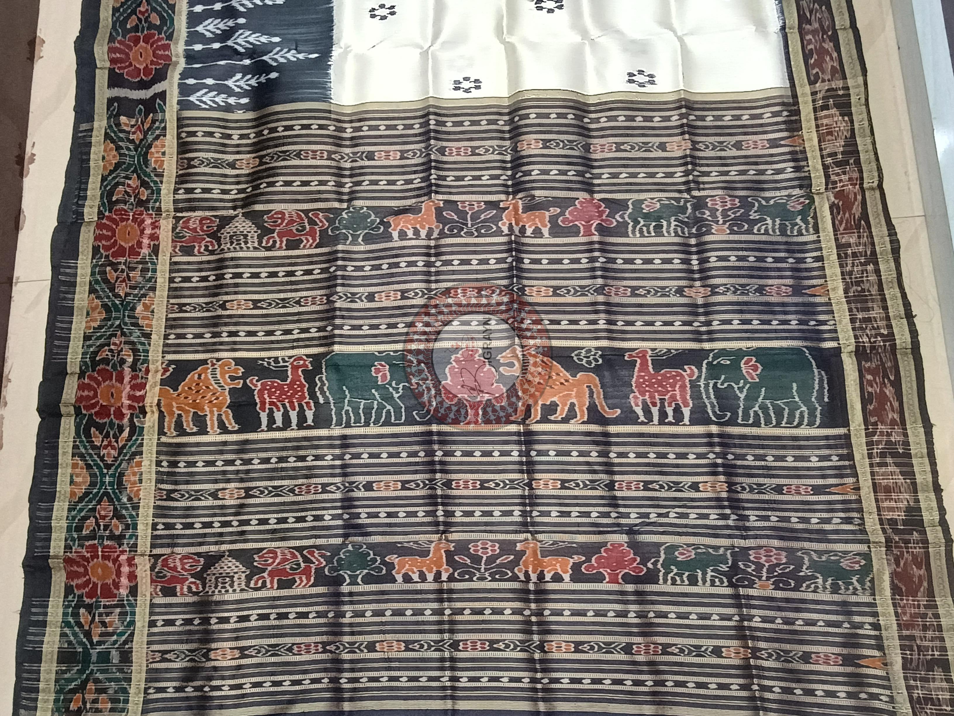 White Black Scot Tree Design Khandua Silk Saree