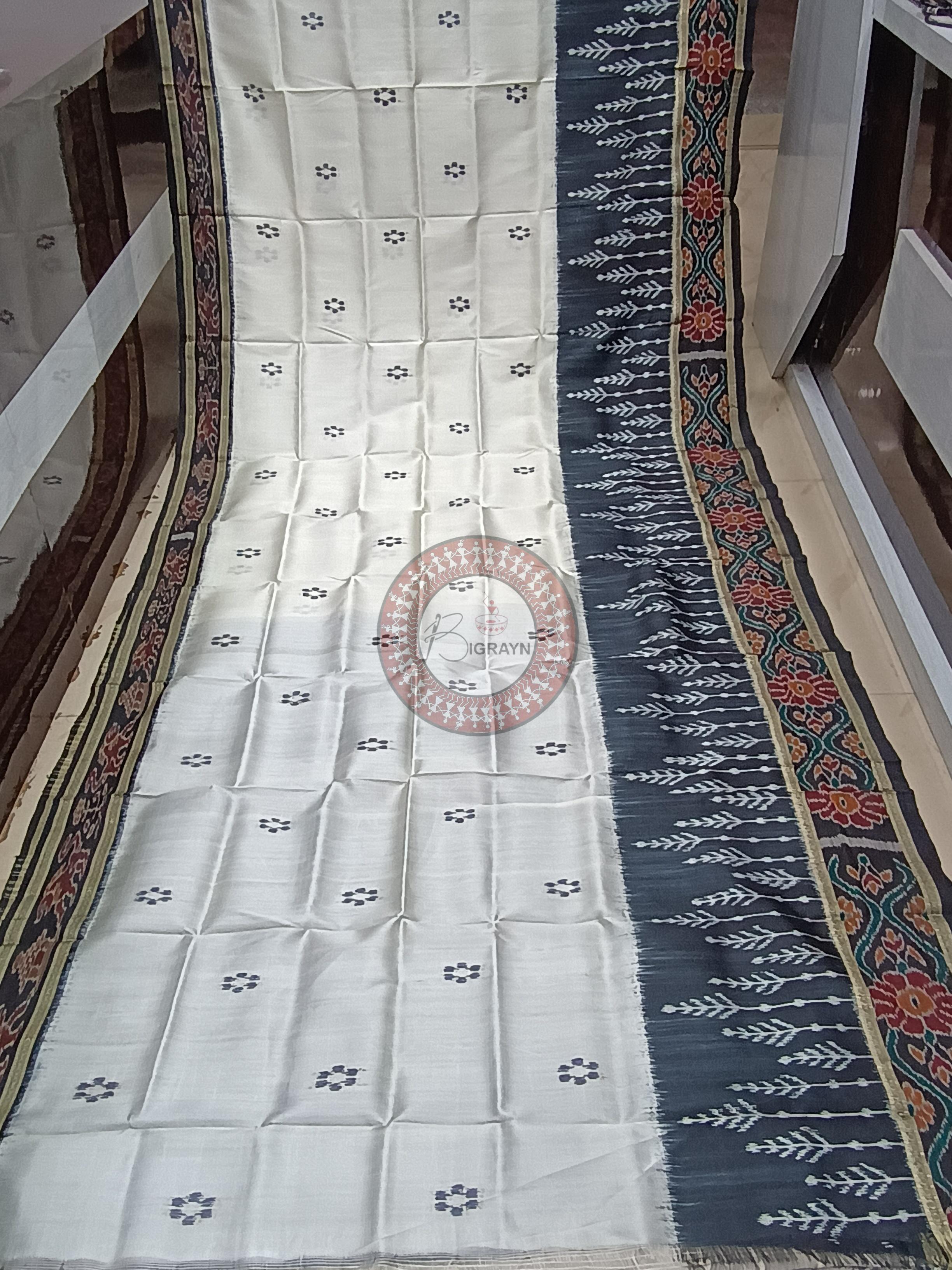 White Black Scot Tree Design Khandua Silk Saree