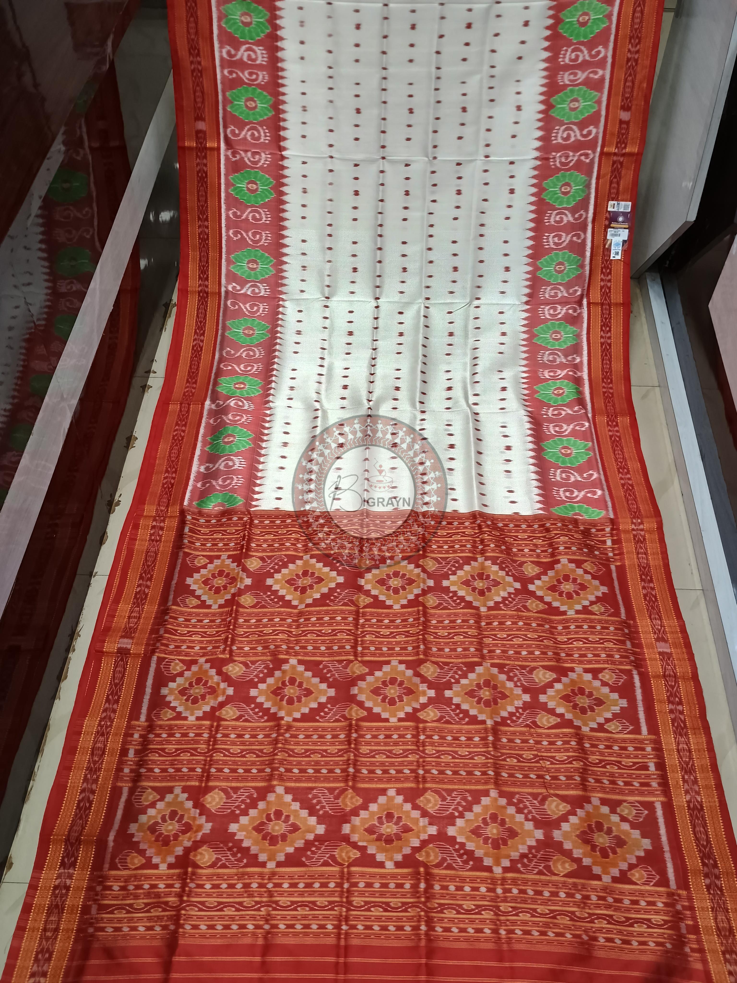 White Red Scot Laxmi Pada Flower Design Khandua Silk Saree