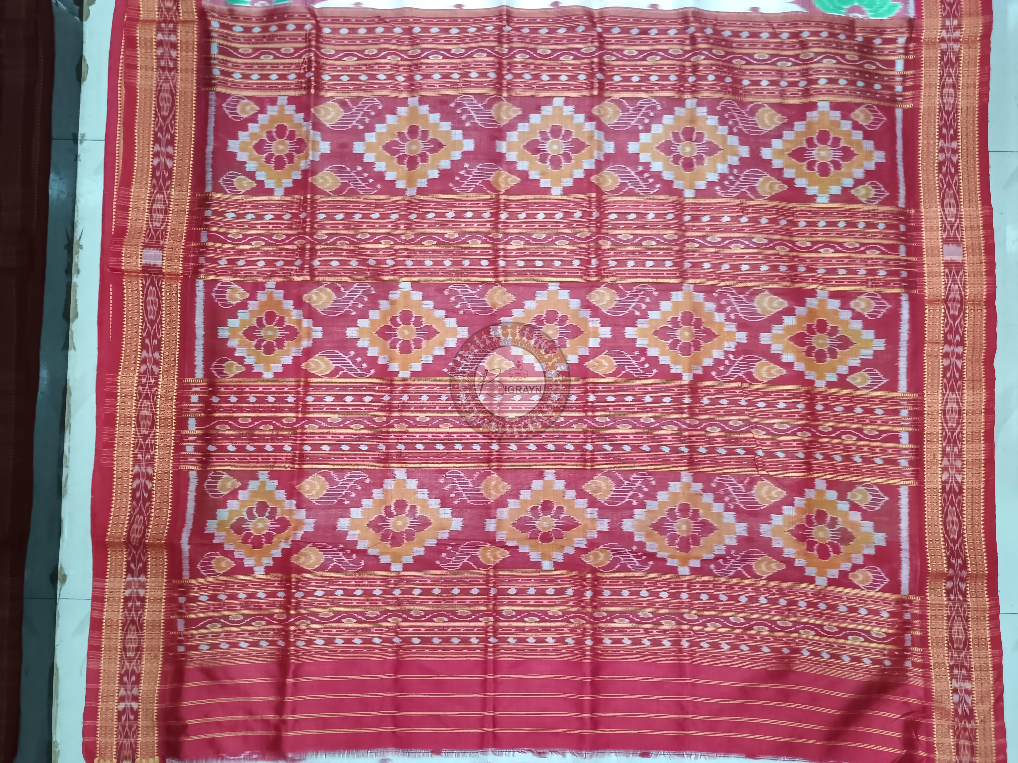 White Red Scot Laxmi Pada Flower Design Khandua Silk Saree