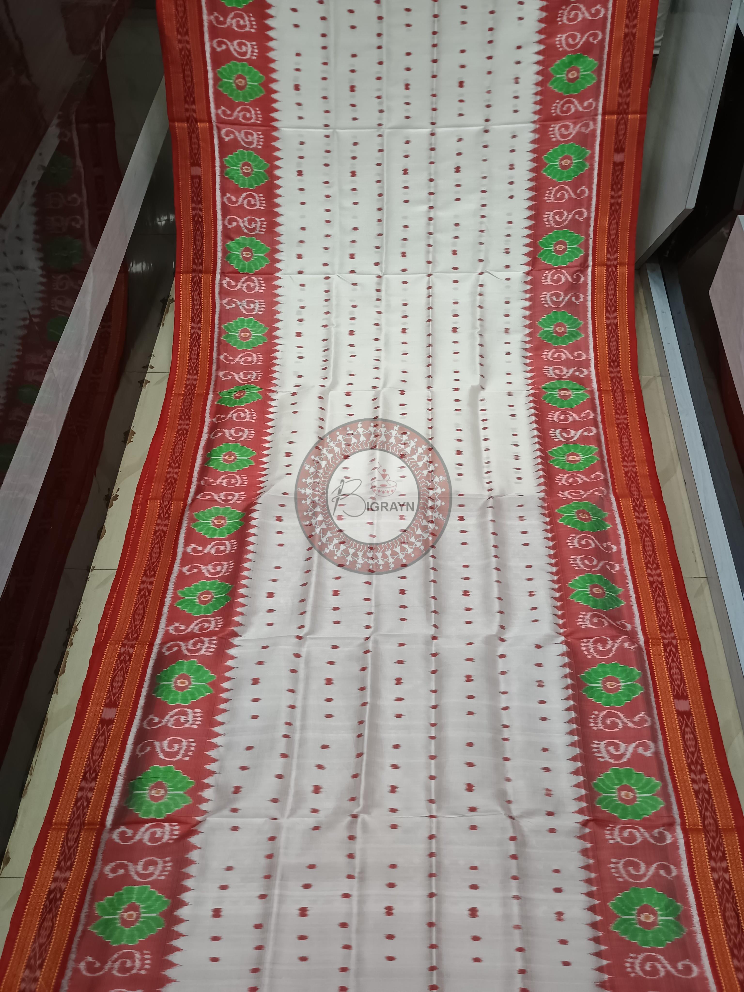 White Red Scot Laxmi Pada Flower Design Khandua Silk Saree