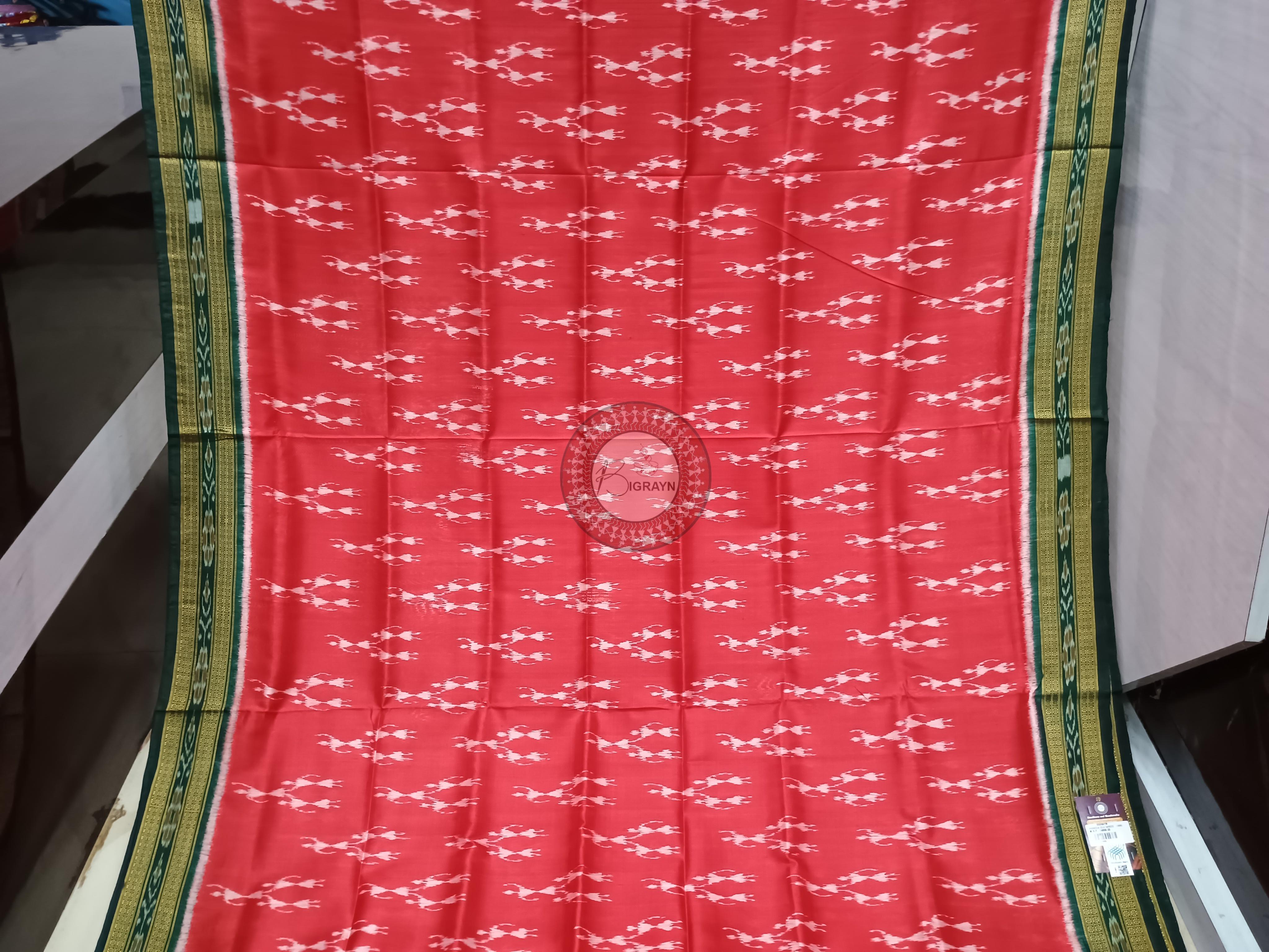 Red Green Tribal Design Khandua Silk Saree
