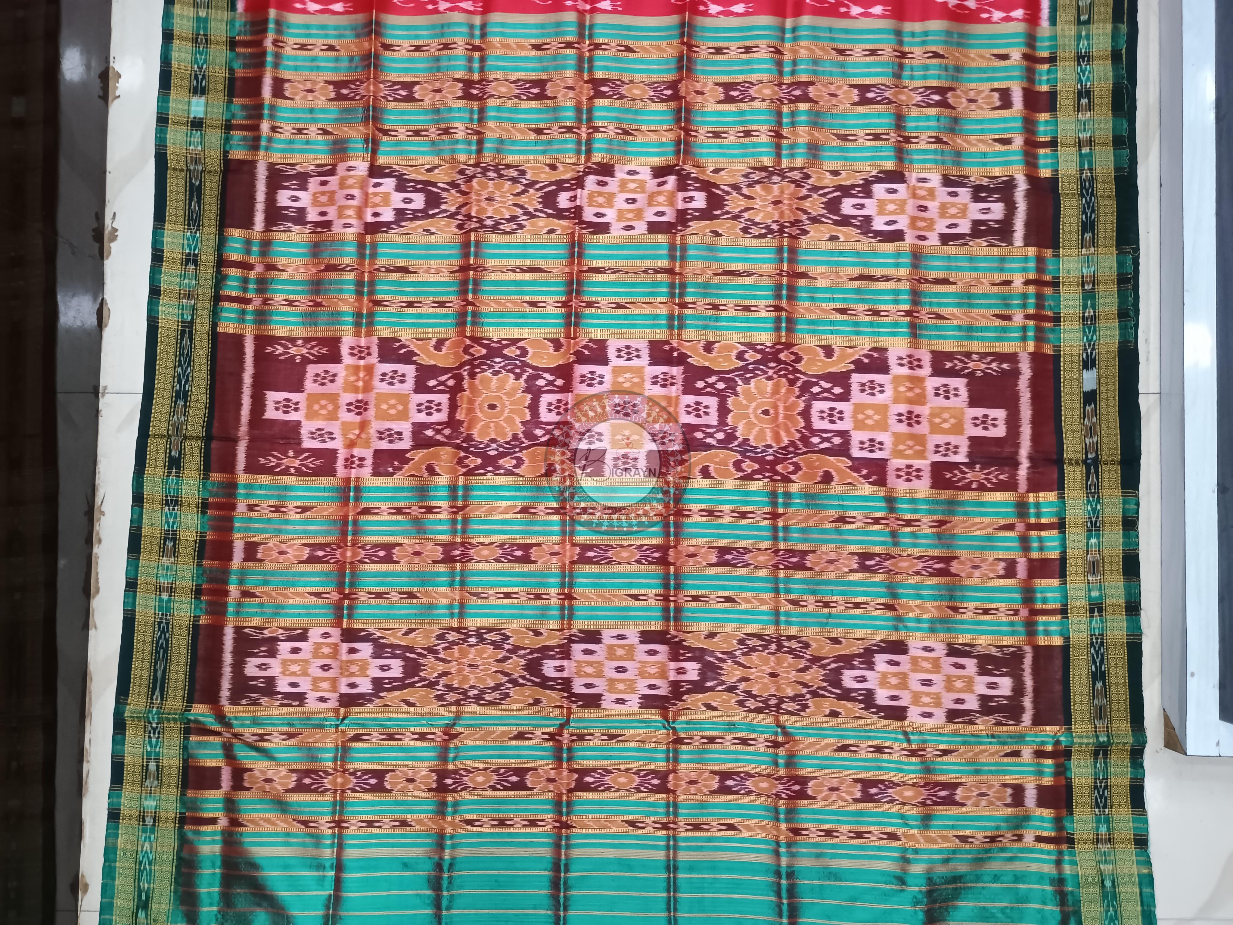 Red Green Tribal Design Khandua Silk Saree