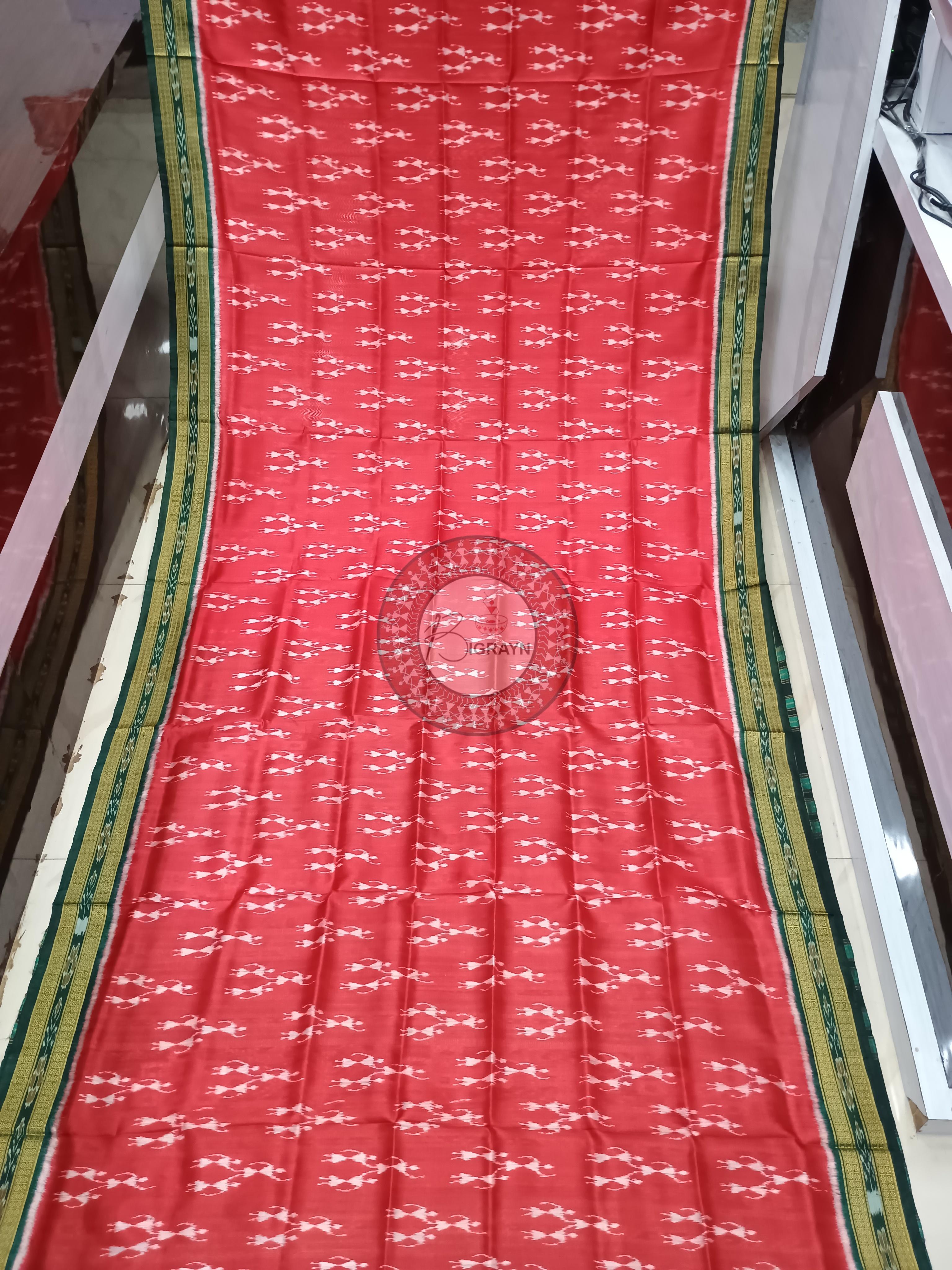 Red Green Tribal Design Khandua Silk Saree