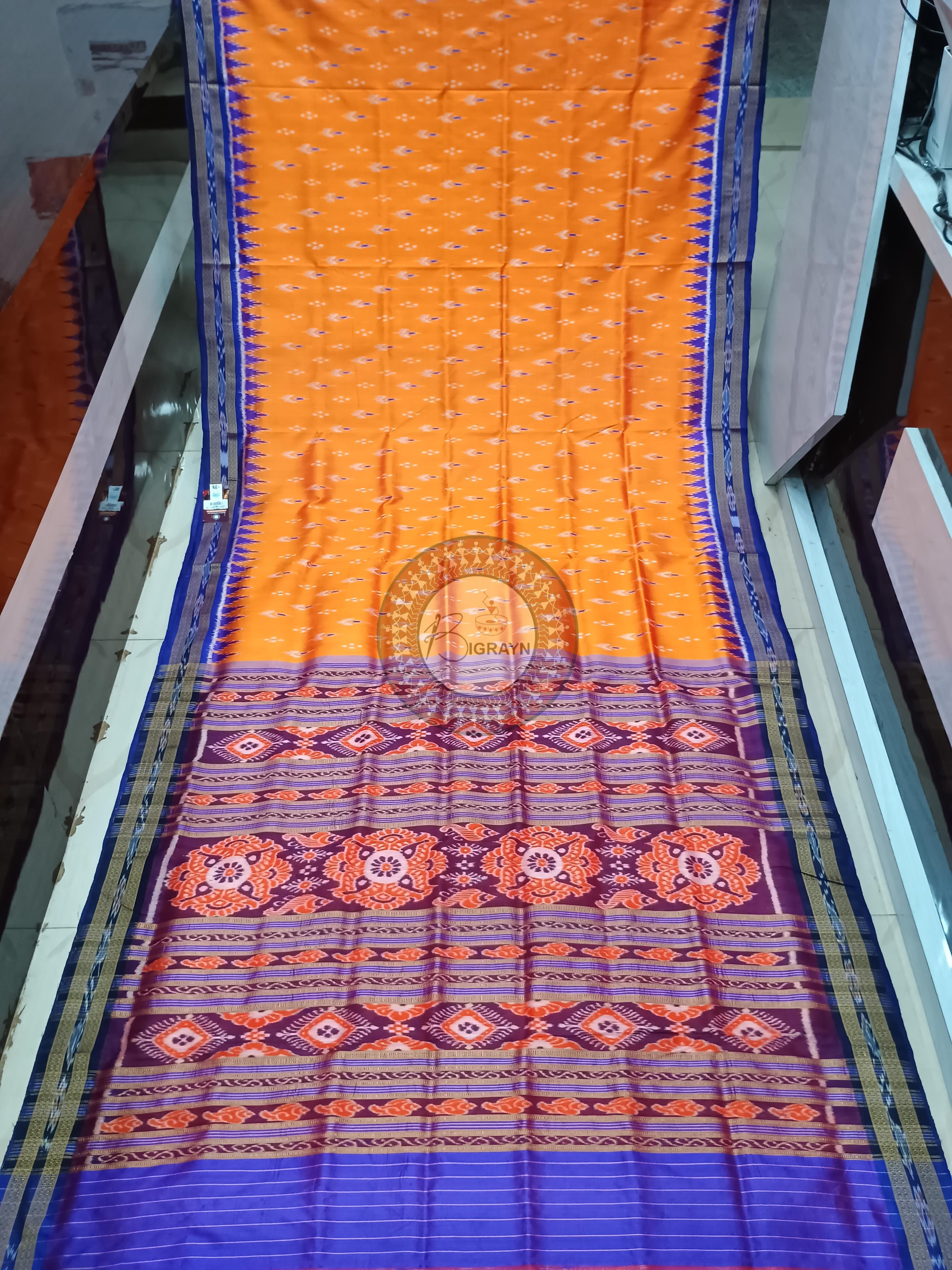 Orange Blue Mayur Chandrika Design Khandua Silk Saree