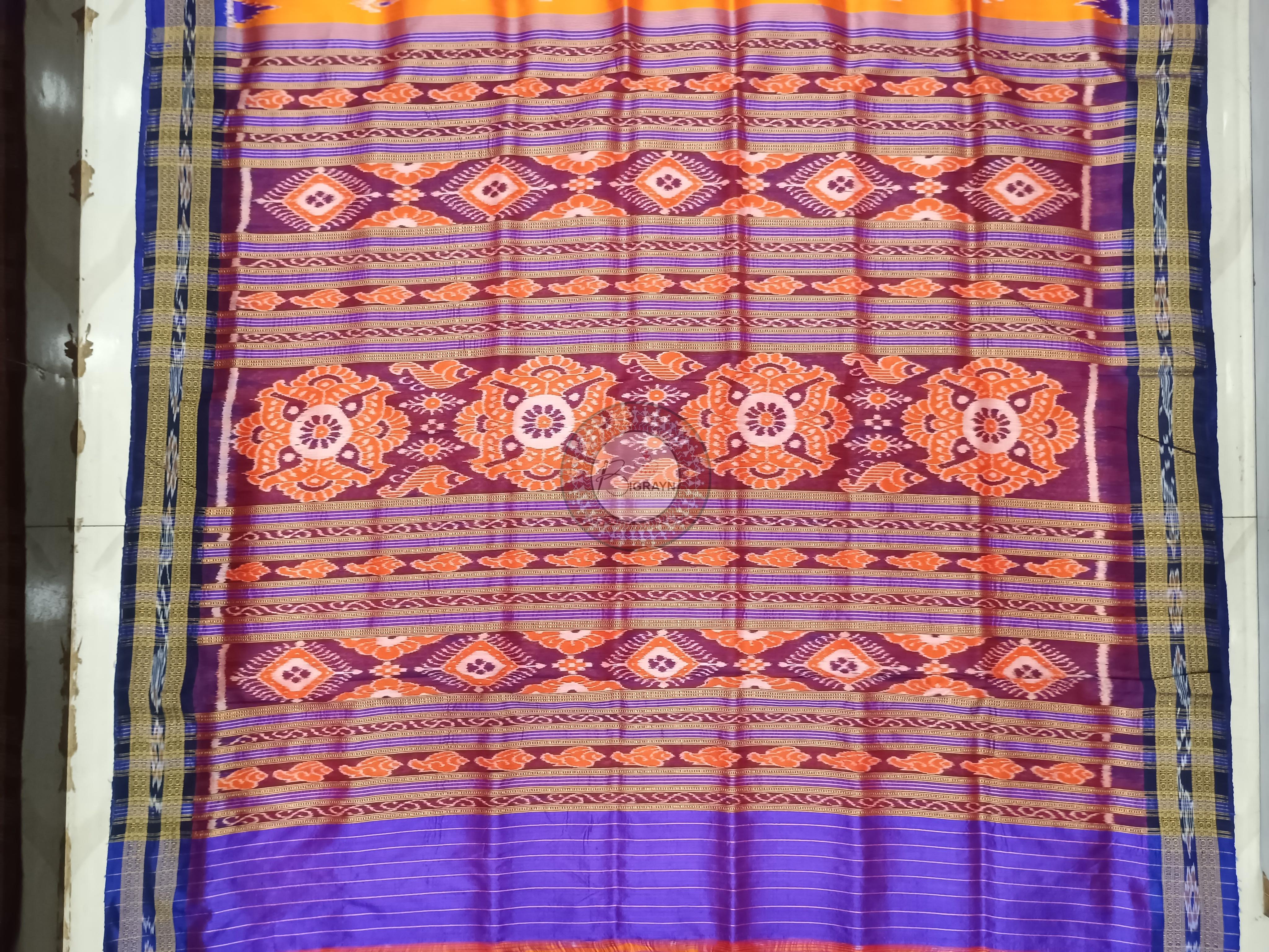 Orange Blue Mayur Chandrika Design Khandua Silk Saree