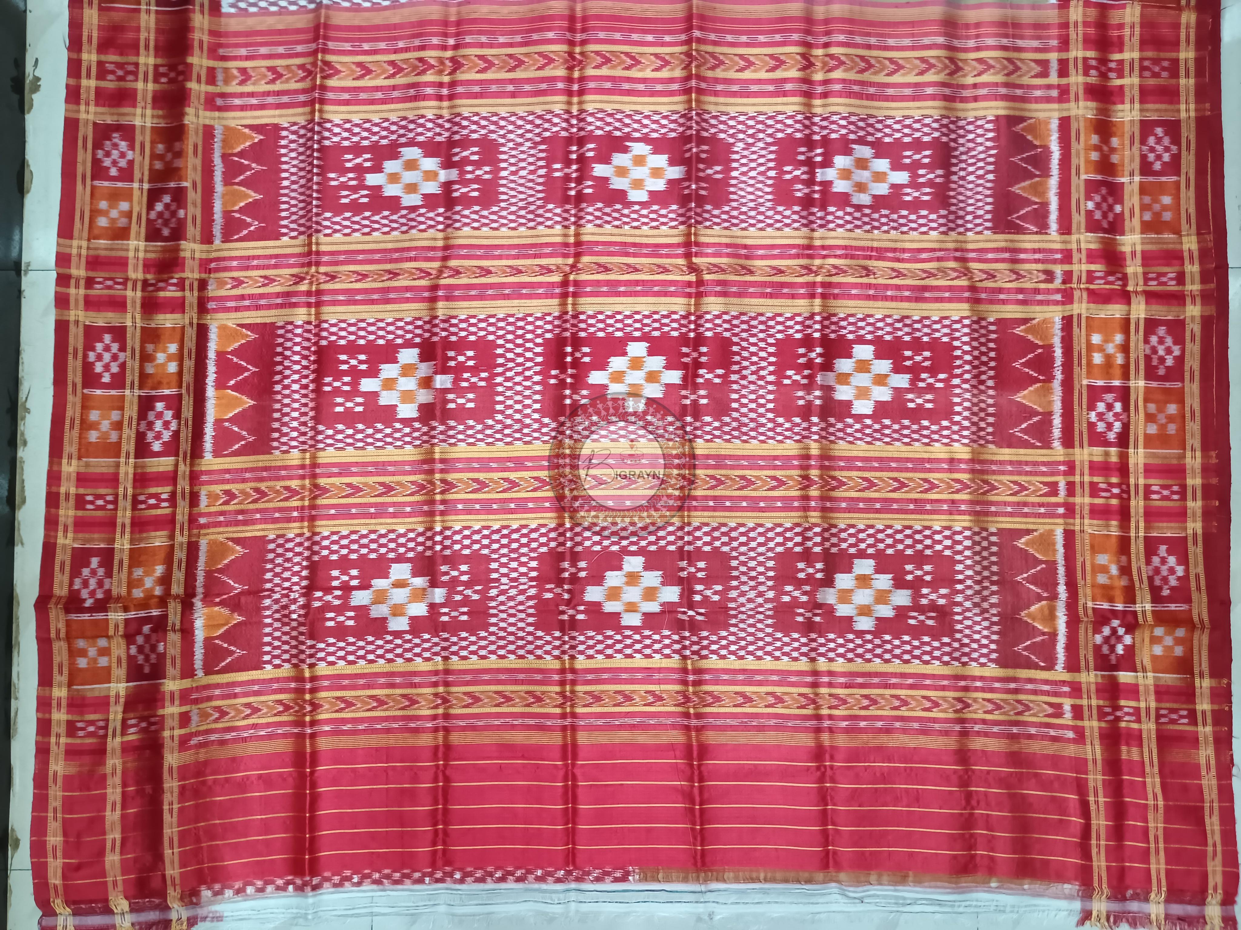 Olive Green Red Double Pasapali Border Design Khandua Silk Saree