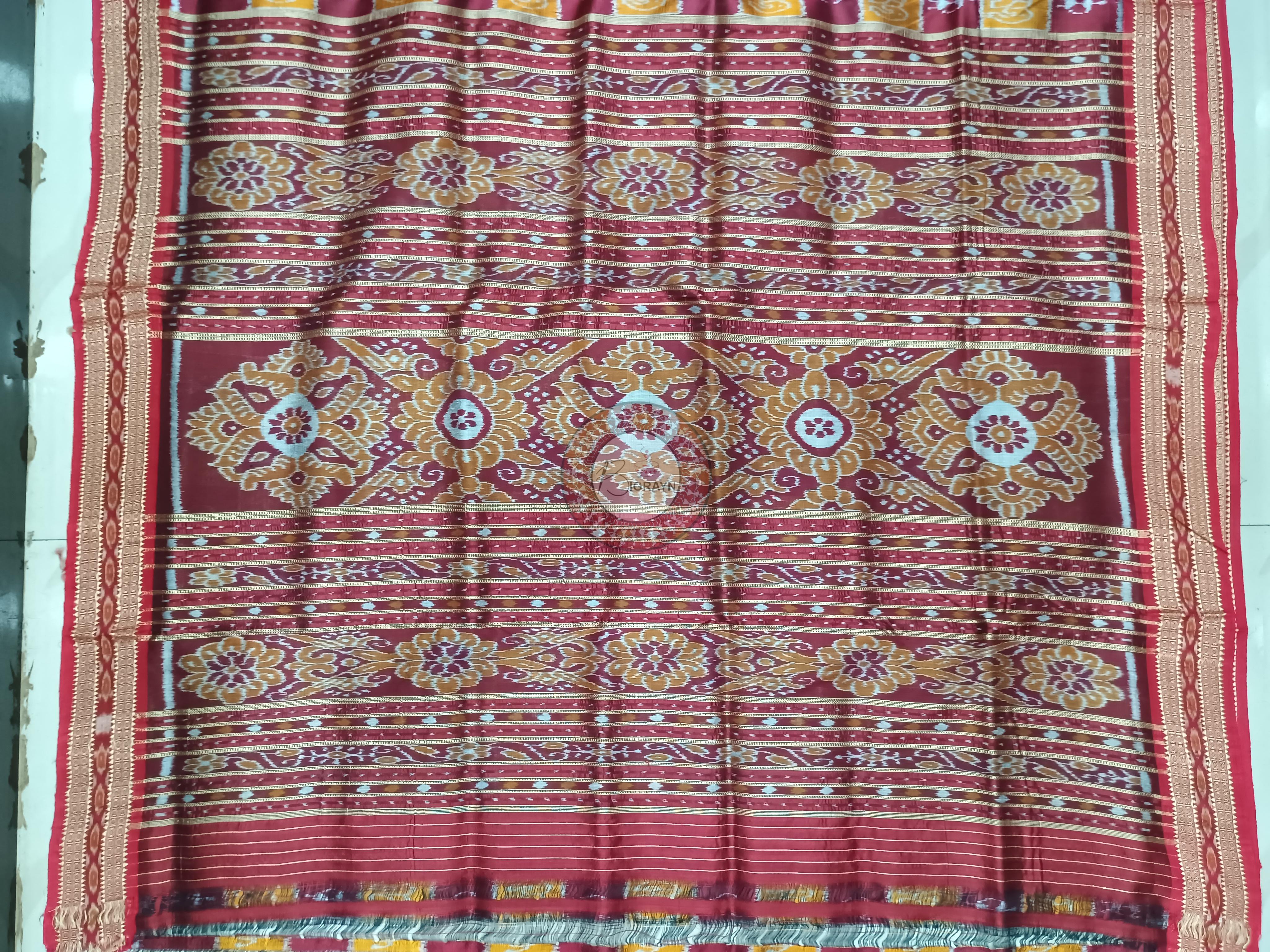 Yellow Maroon Tribal Design Khandua Silk Saree