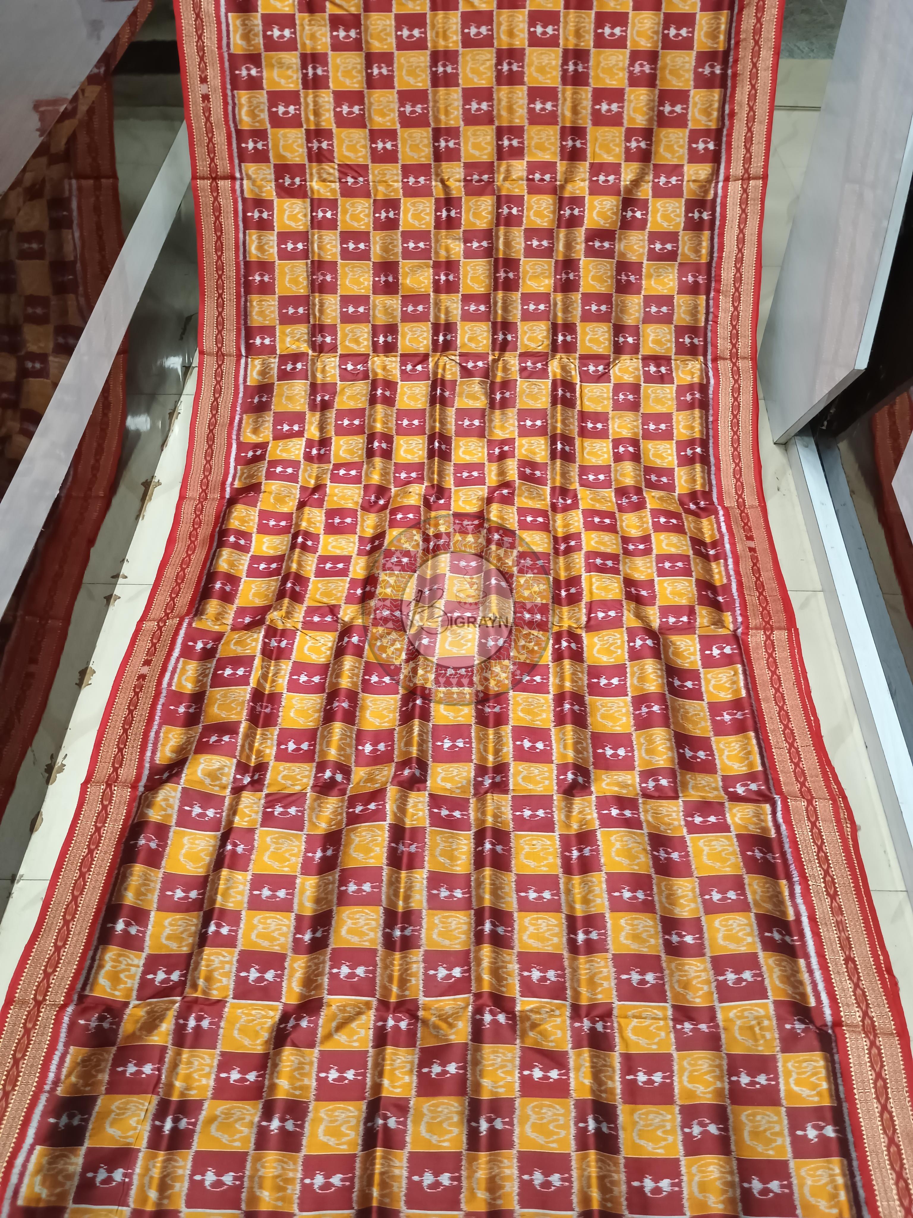 Yellow Maroon Tribal Design Khandua Silk Saree