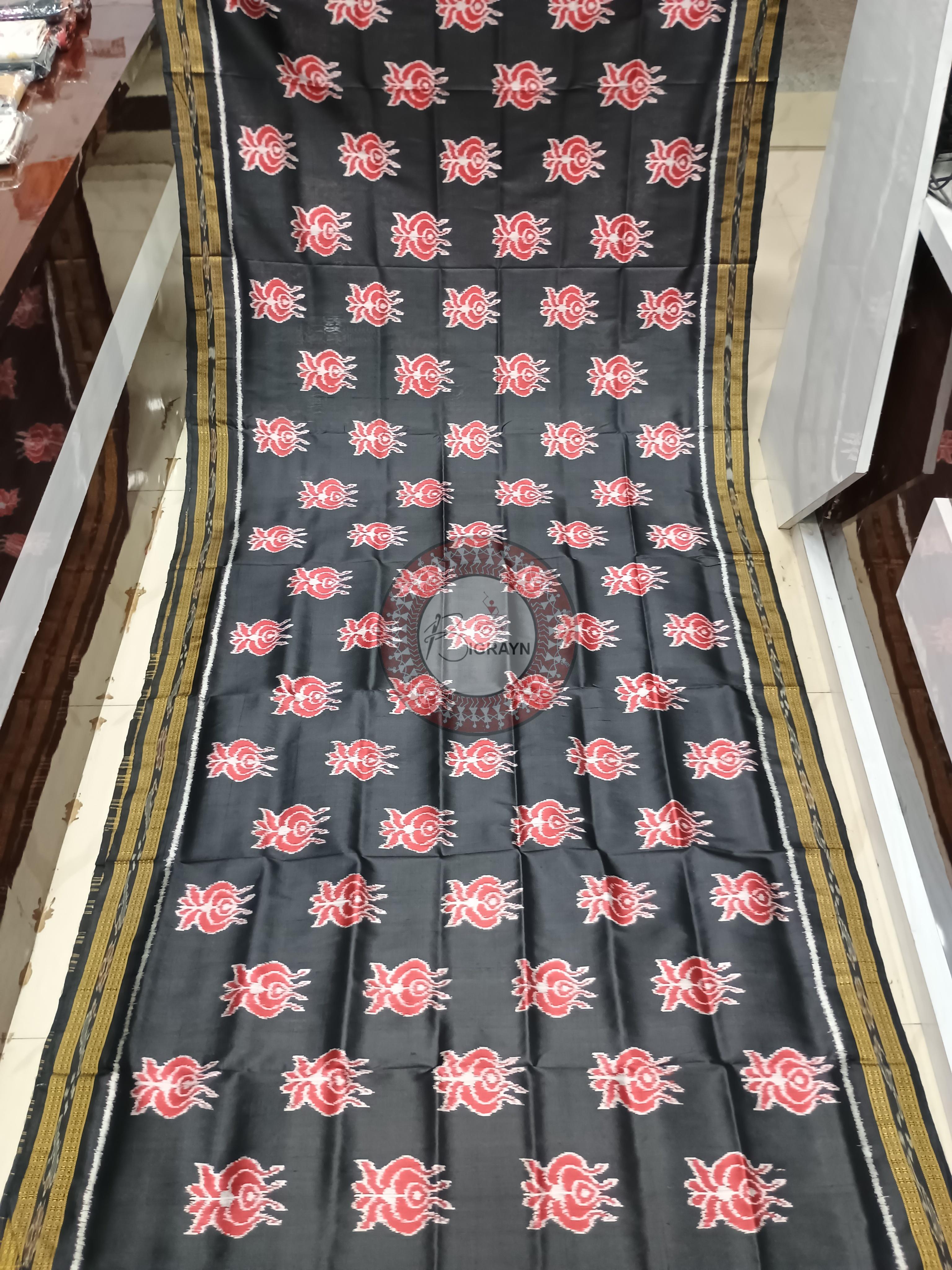 Black Lotus Design Khandua Silk Saree