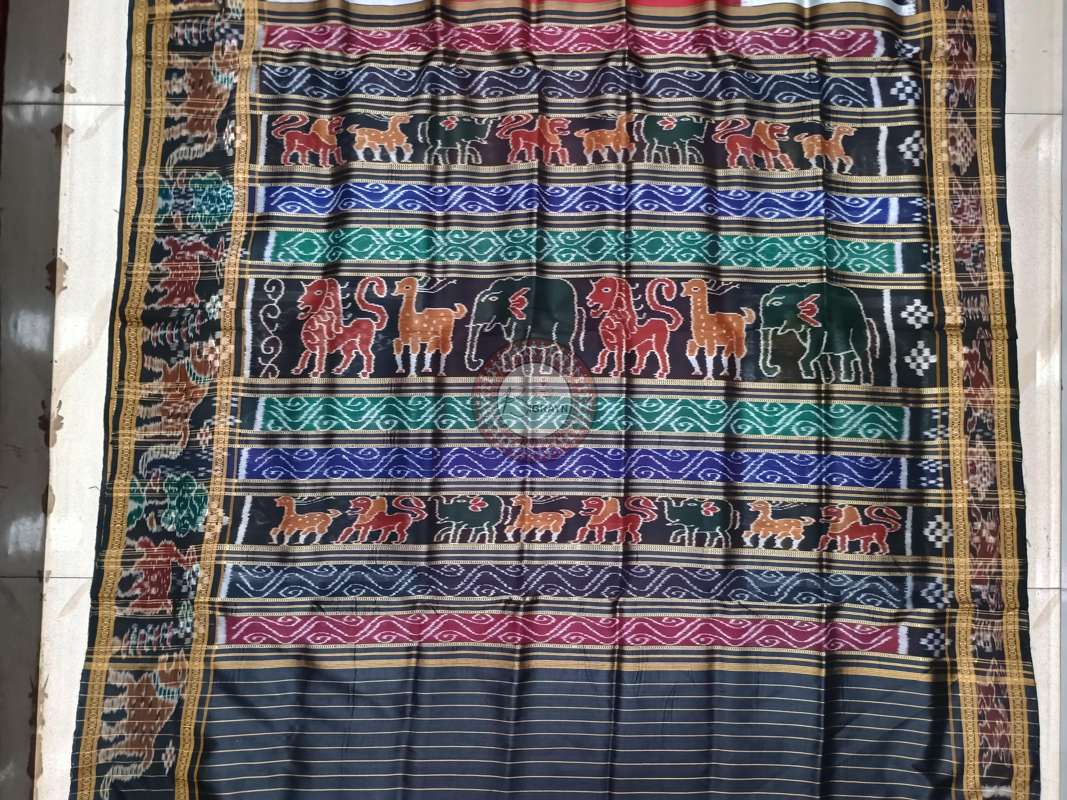 Maroon Black Scot Animal Design Khandua Silk Saree