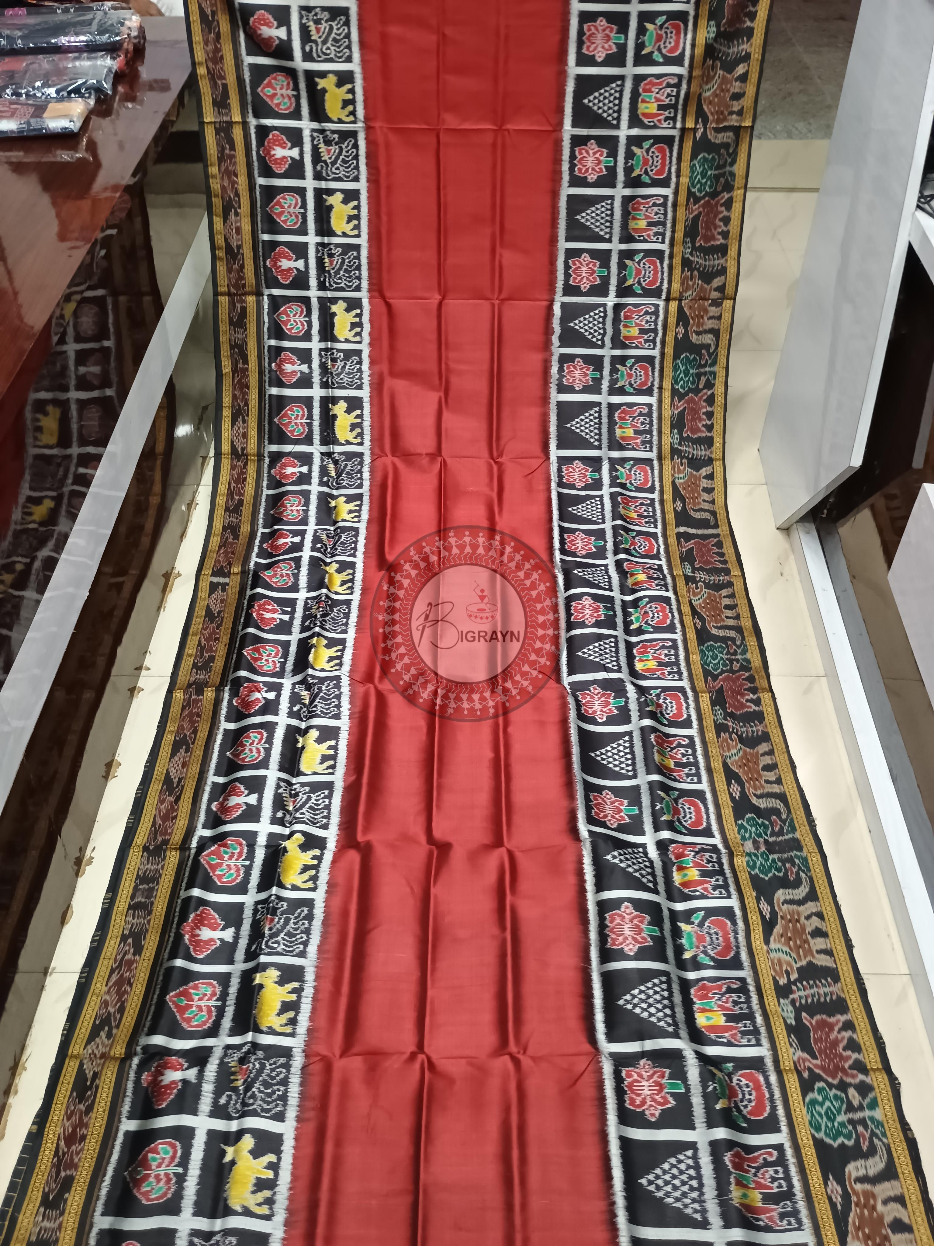 Maroon Black Scot Animal Design Khandua Silk Saree