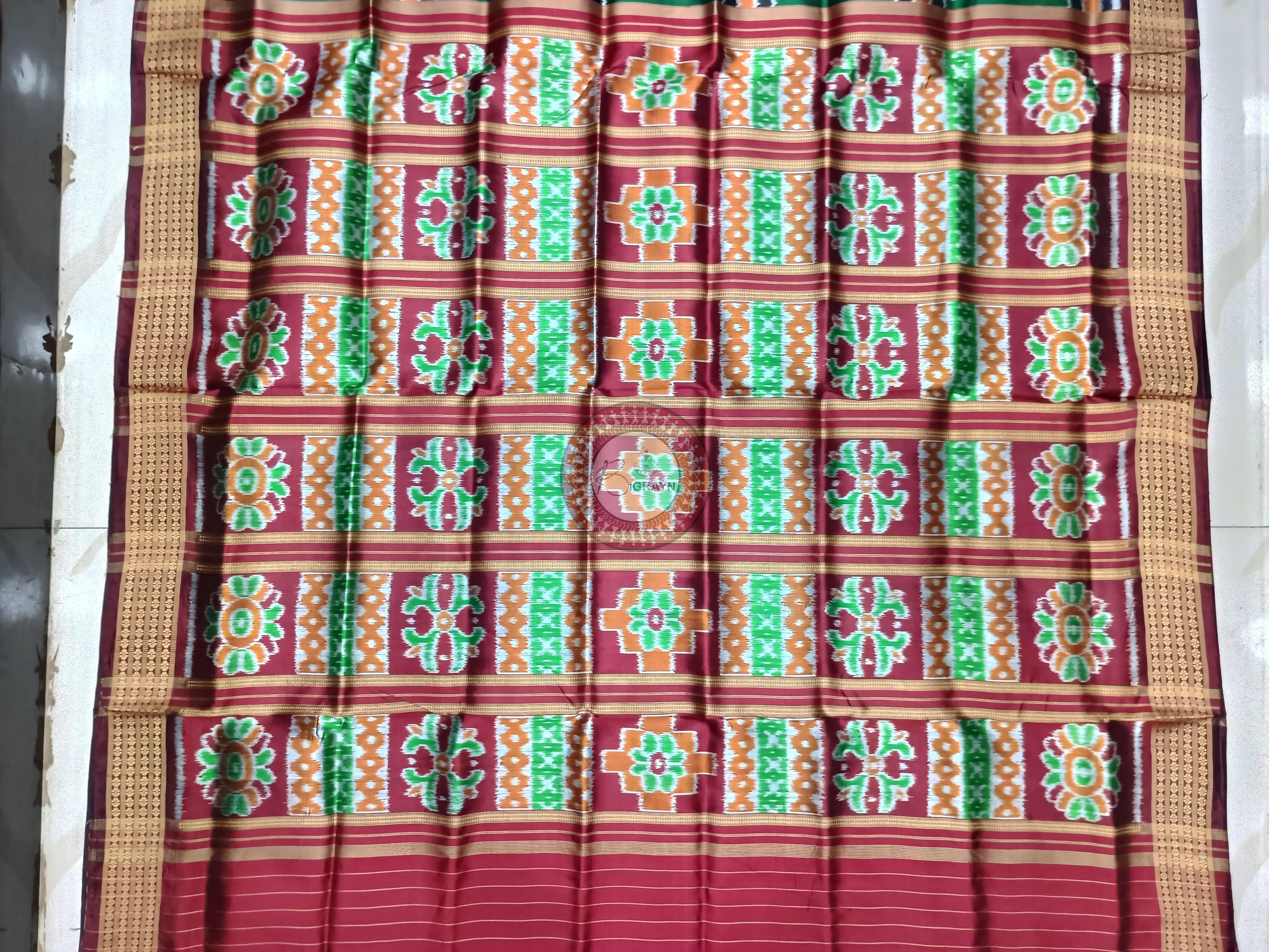 Maroon Green Utkal Laxmi Design Khandua Silk Saree