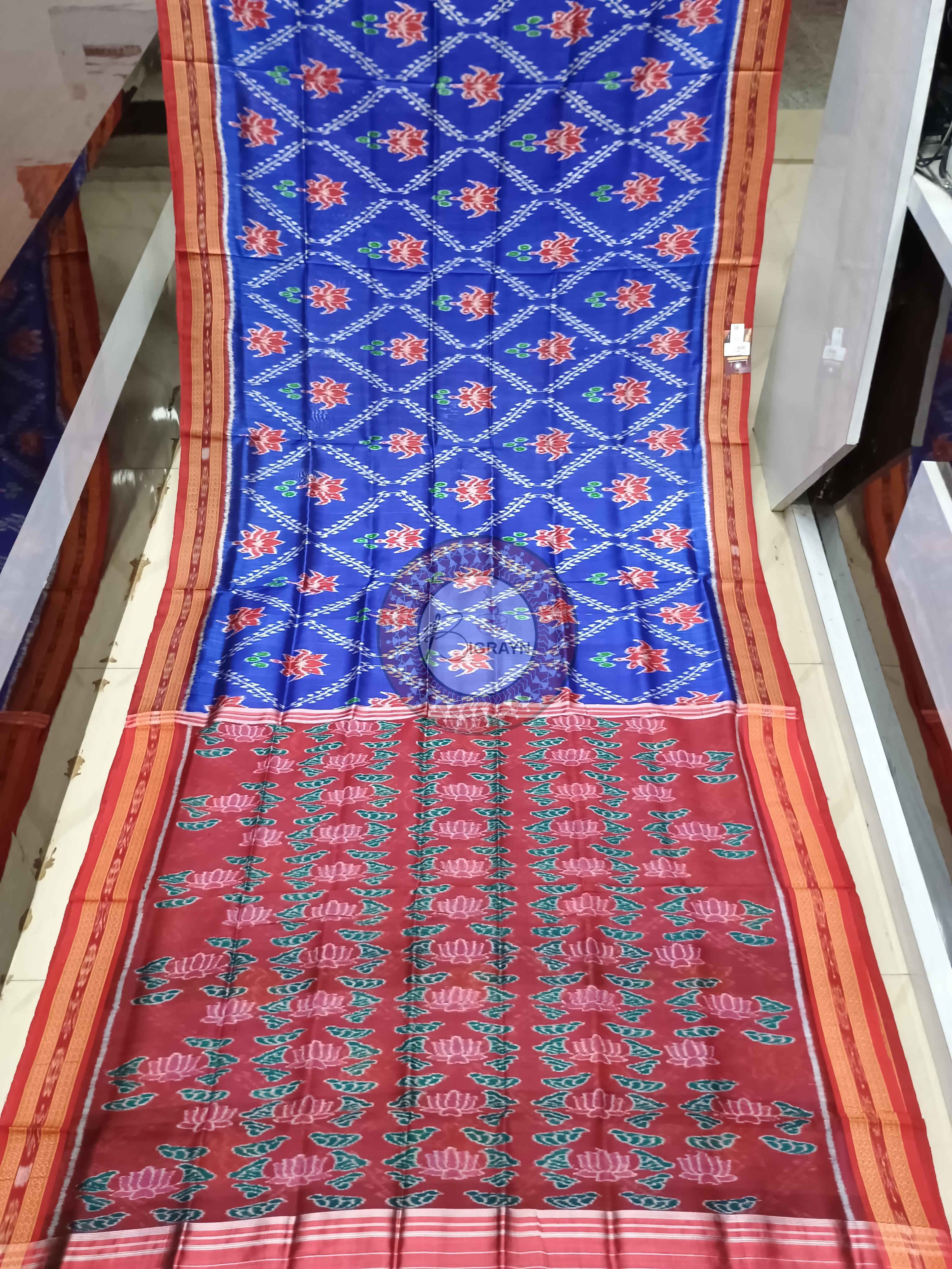 Blue Red Lotus Design Khandua Silk Saree