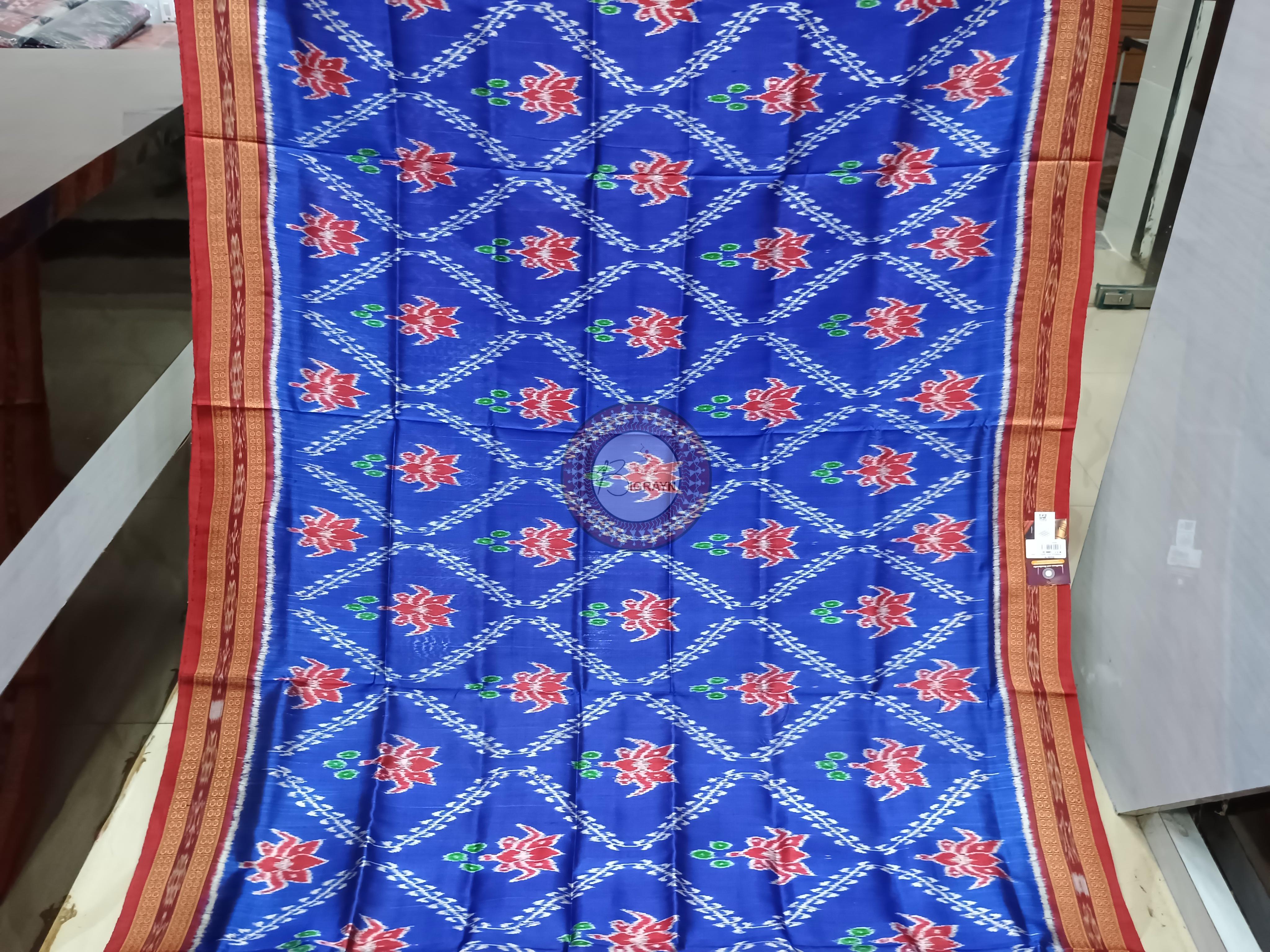 Blue Red Lotus Design Khandua Silk Saree