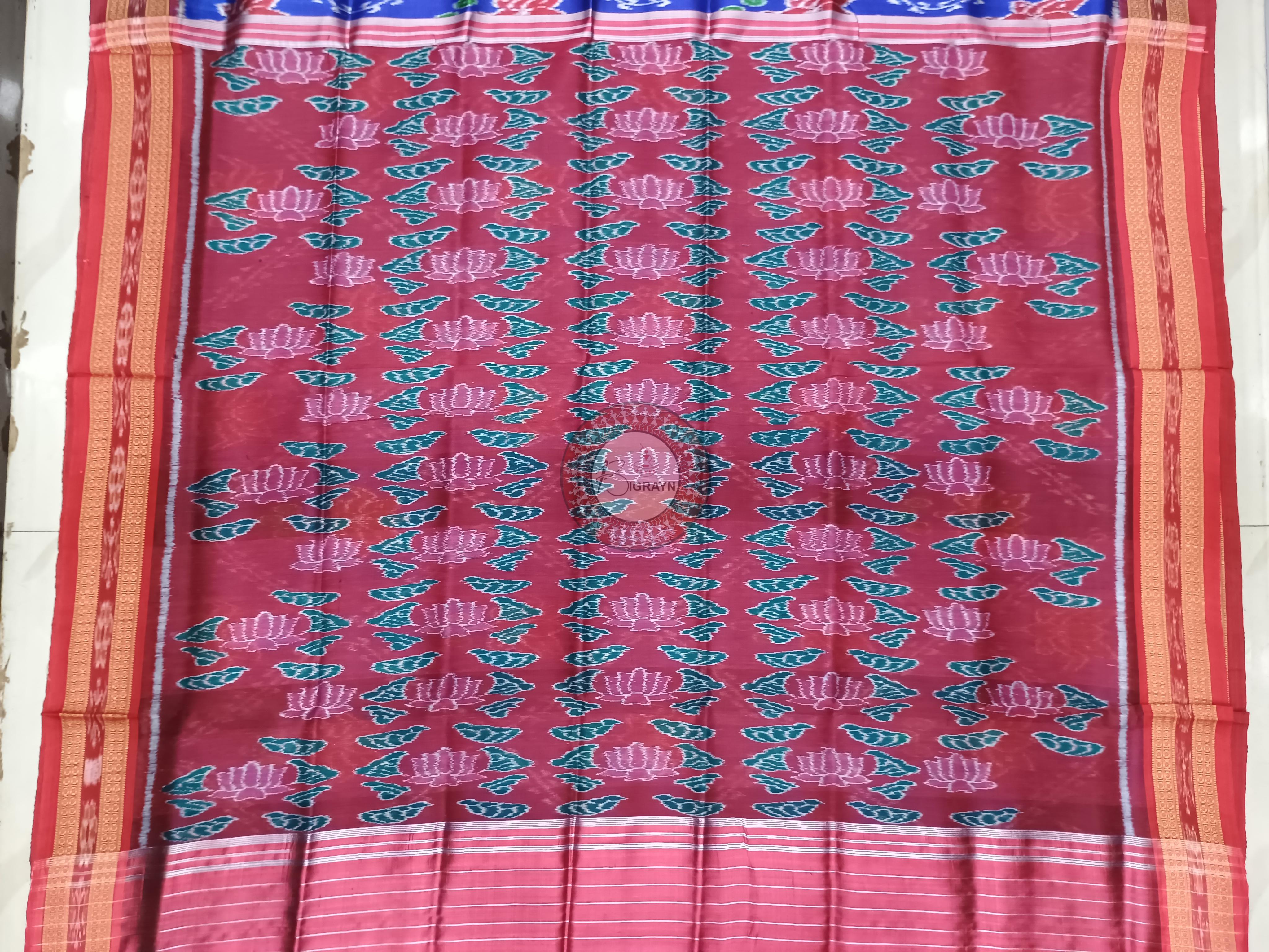 Blue Red Lotus Design Khandua Silk Saree
