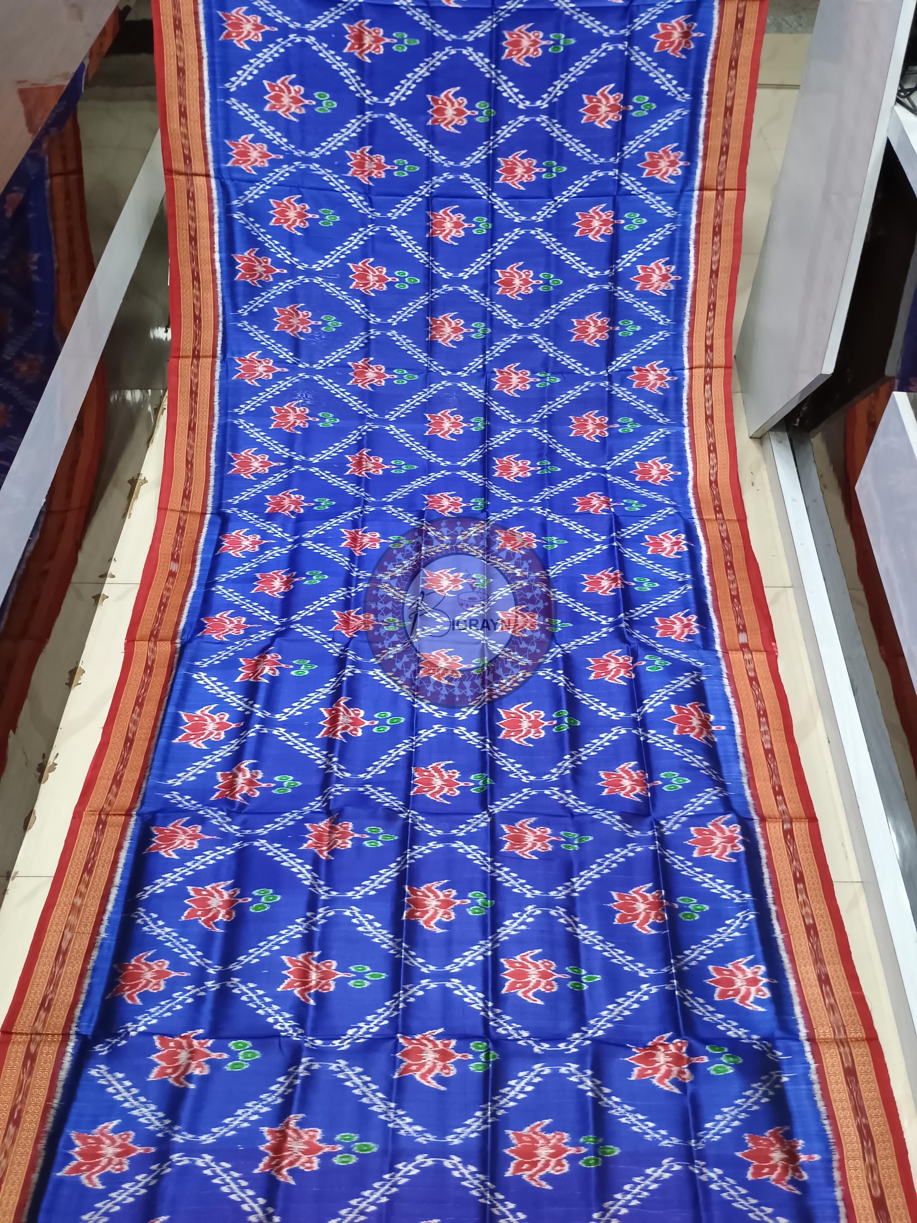 Blue Red Lotus Design Khandua Silk Saree