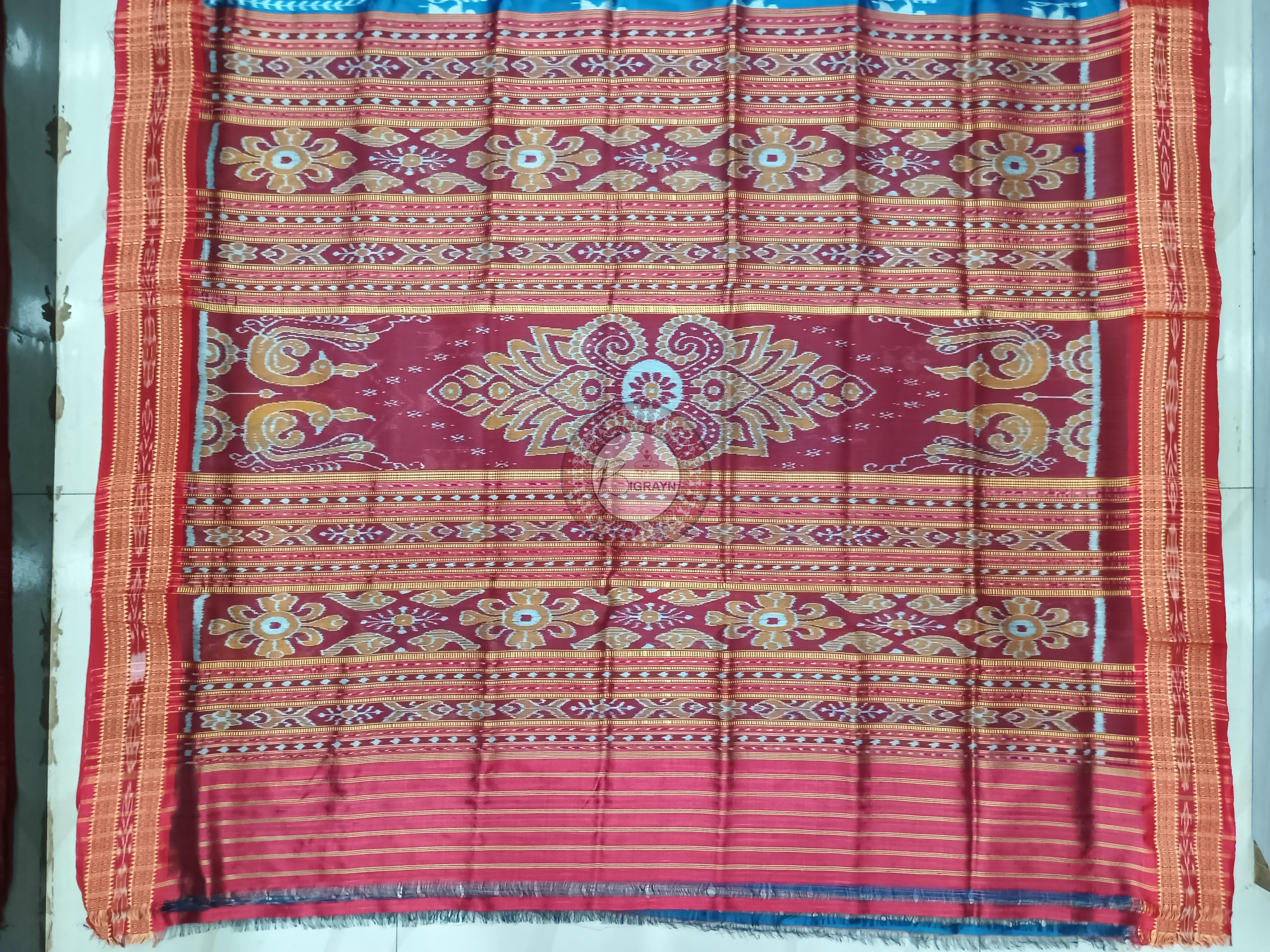 Teal Blue Red Tribal Design Khandua Silk Saree