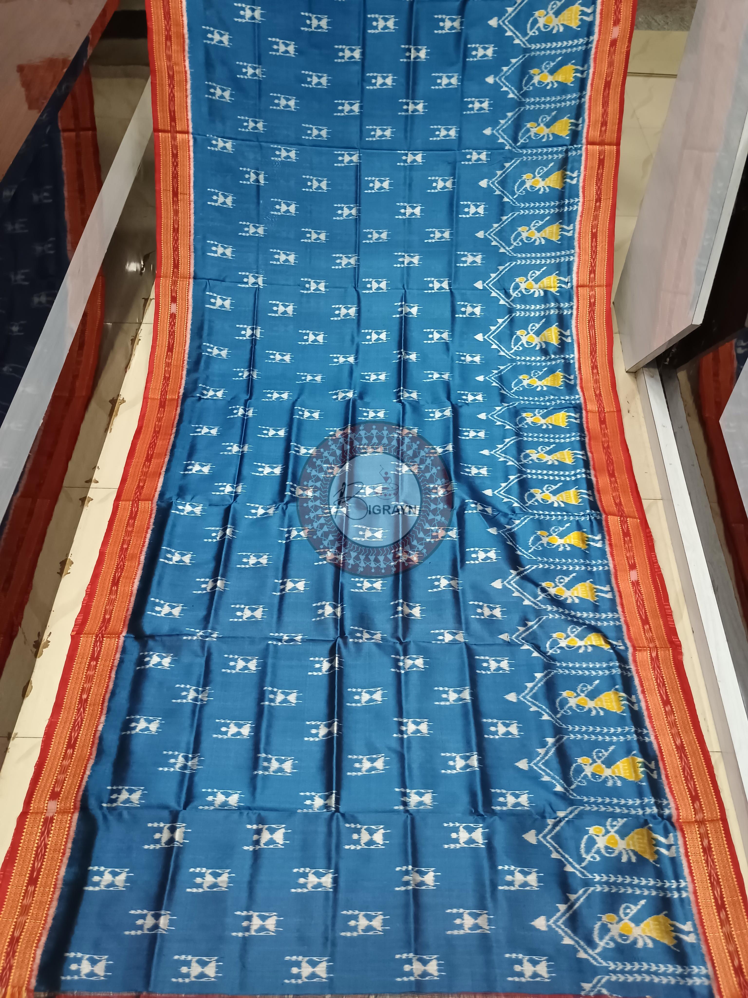 Teal Blue Red Tribal Design Khandua Silk Saree